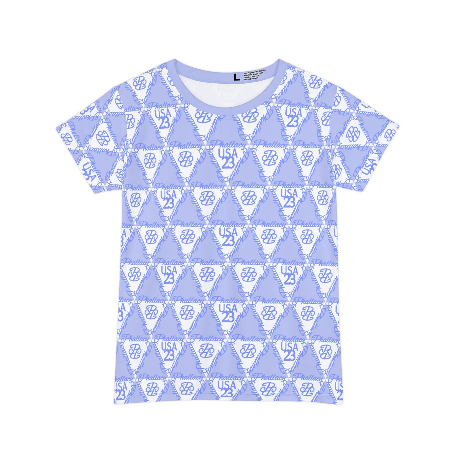 Light blue designer women's tee with all over USA print in a stylish pattern