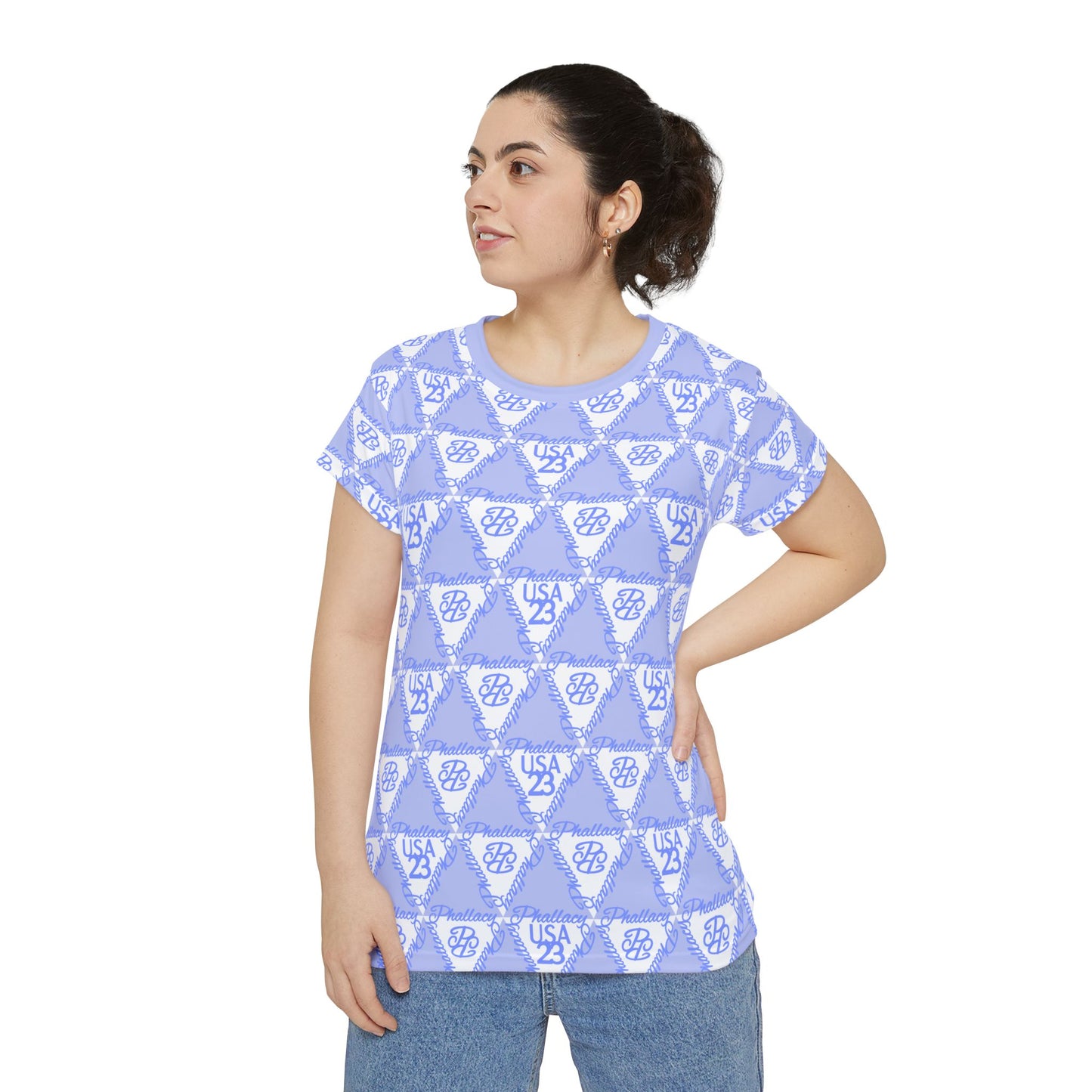 Stylish designer women's tee with all over print in light blue and white colors