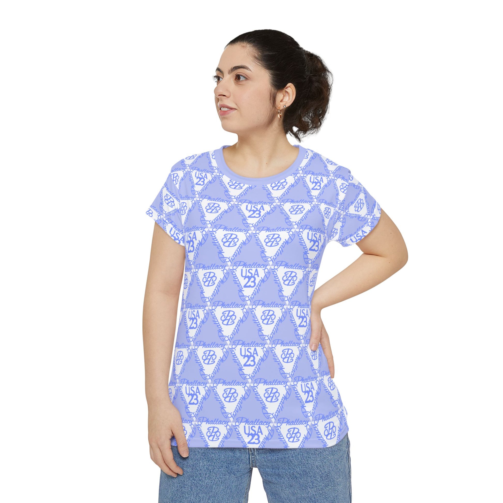 Stylish designer women's tee with all over print in light blue and white colors