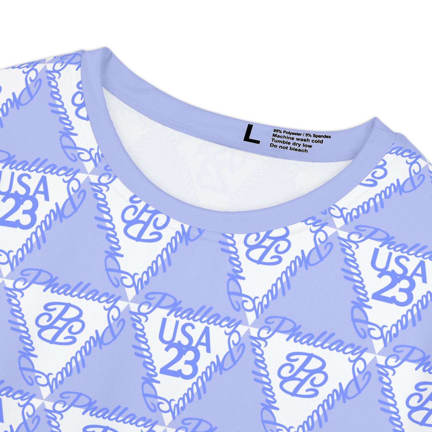 Light purple designer women's tee featuring an all over print with stylish logos and patterns