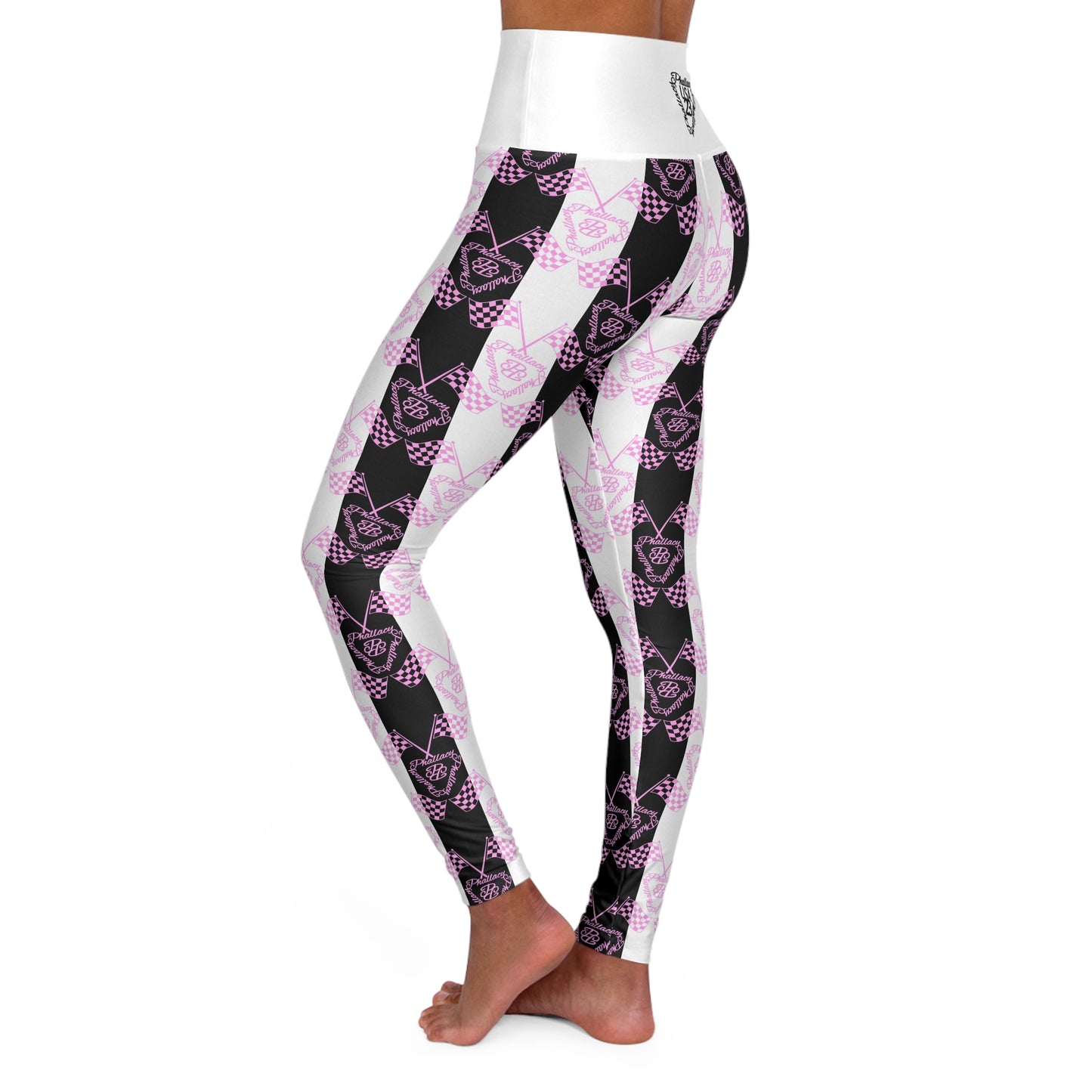 Stylish all over print fashionable yoga leggings for women in black, white, and pink patterns