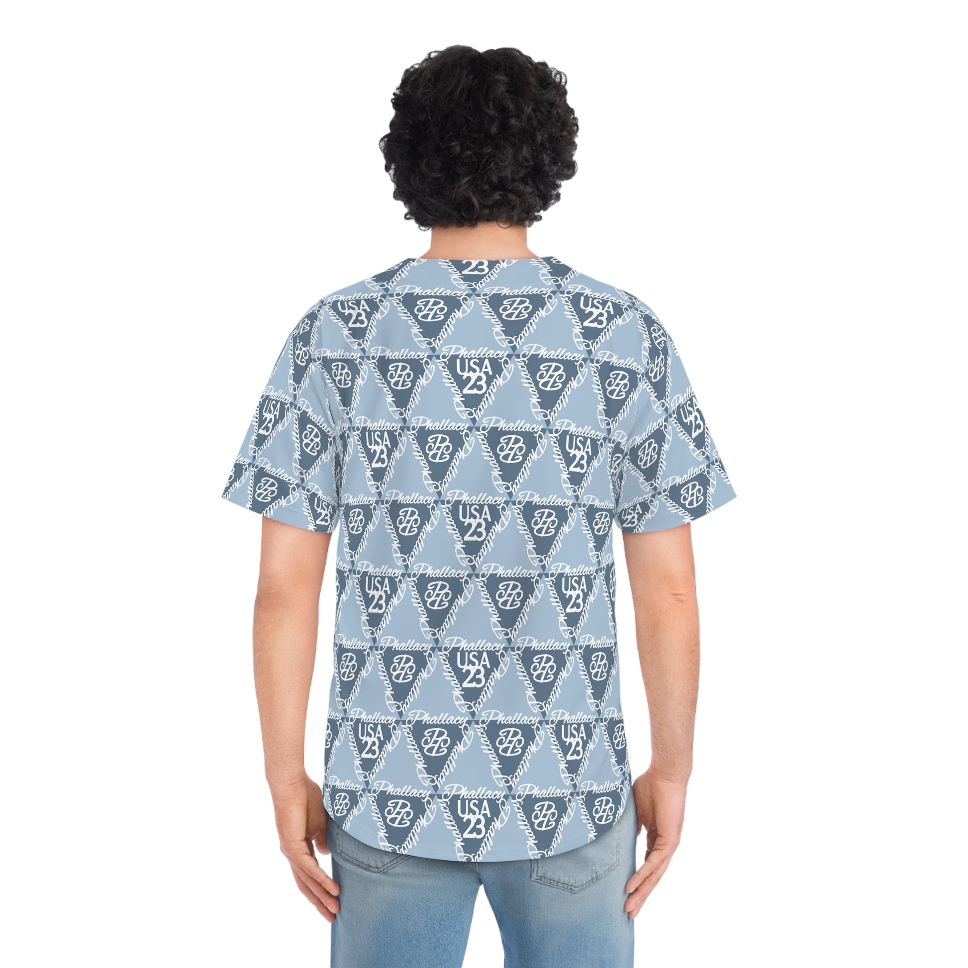 High fashion baseball jersey featuring an all over print design in blue and white