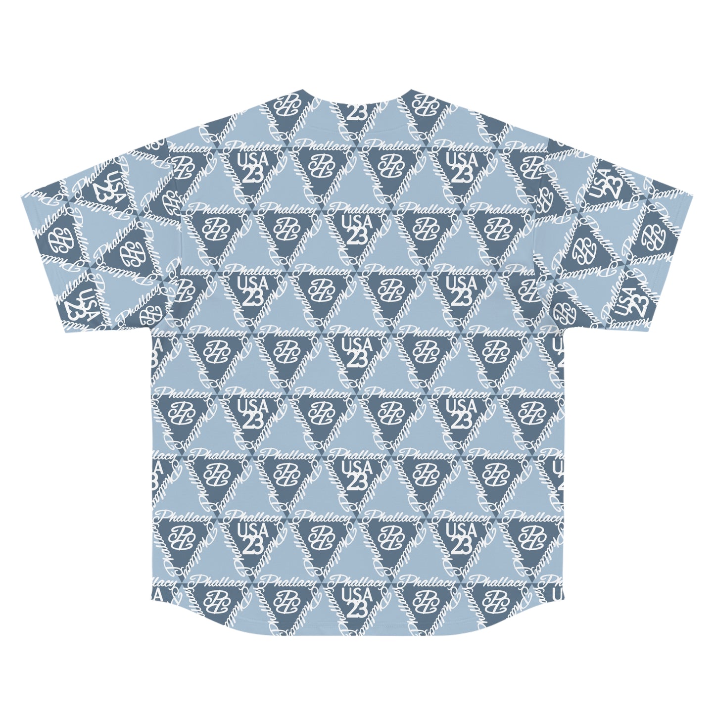 Stylish high fashion baseball jersey featuring all over prints in blue and gray patterns