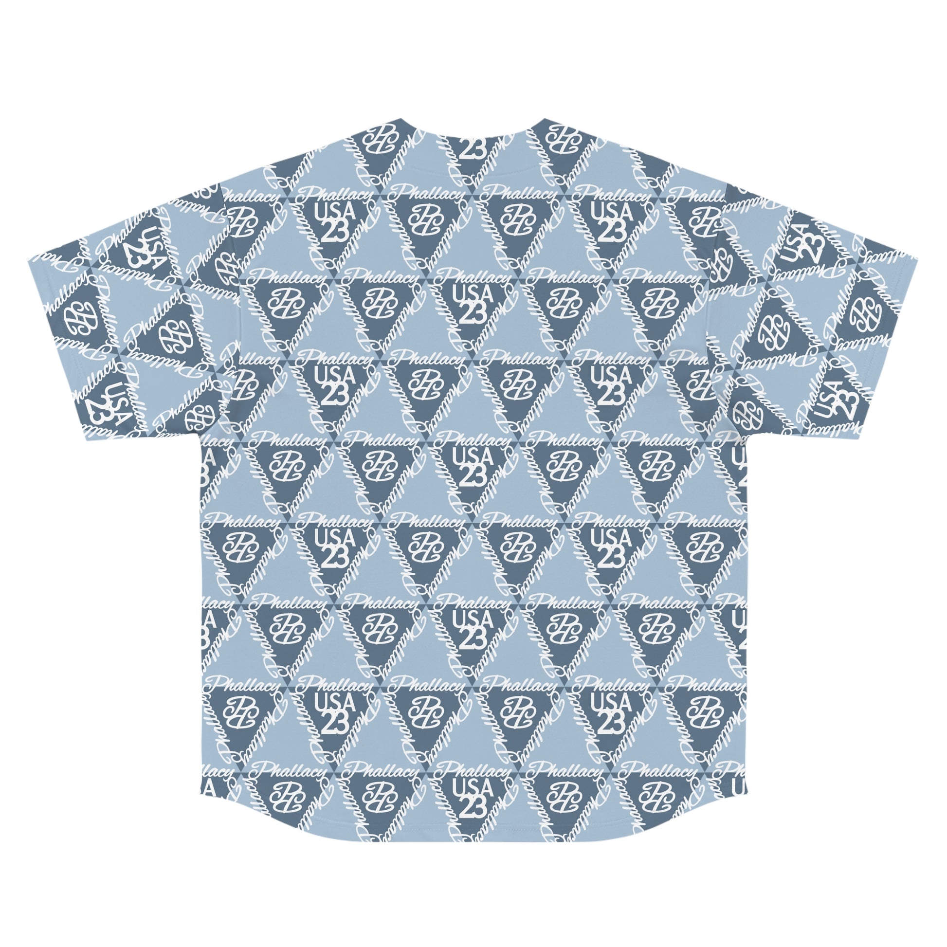 Stylish high fashion baseball jersey featuring all over prints in blue and gray patterns