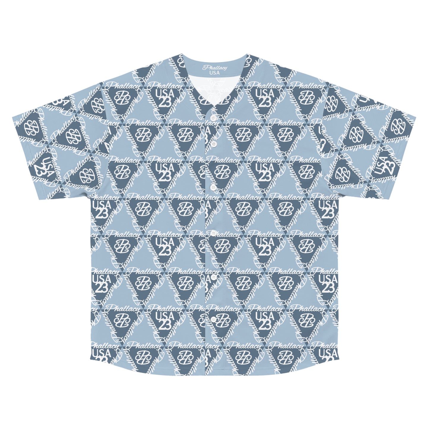 High fashion baseball jersey with all over print in blue and white featuring stylish logos