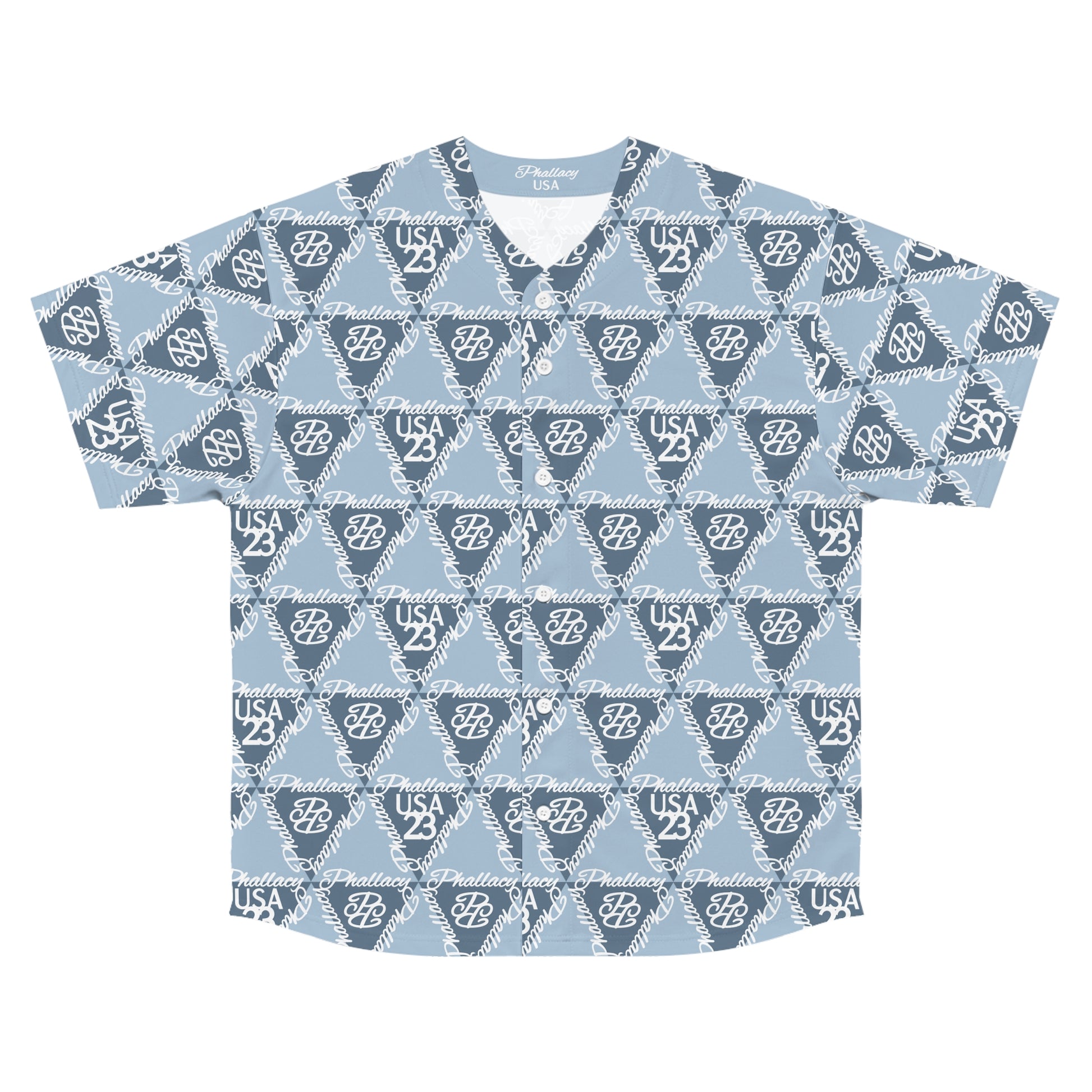 High fashion baseball jersey with all over print in blue and white featuring stylish logos