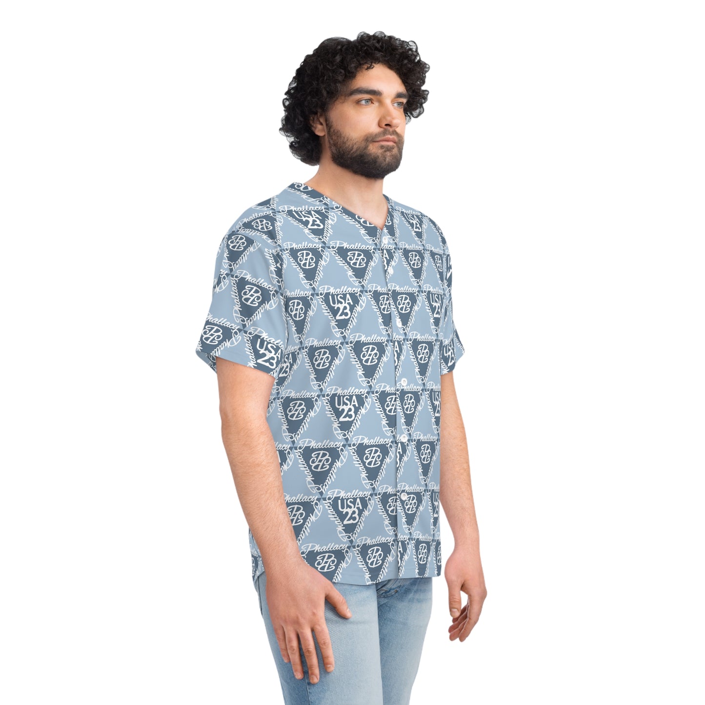 Men's All Over Prints high fashion baseball jersey featuring a stylish logo pattern in blue tones