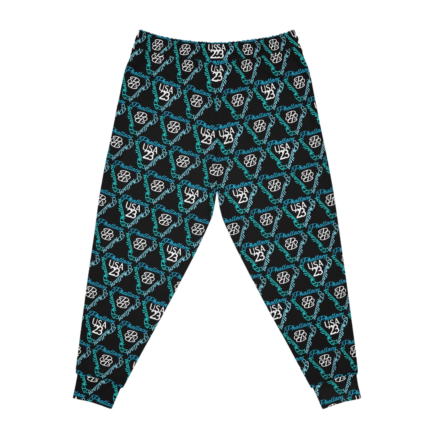 All Over Prints high fashion workout pants featuring a stylish USA logo pattern in black and turquoise
