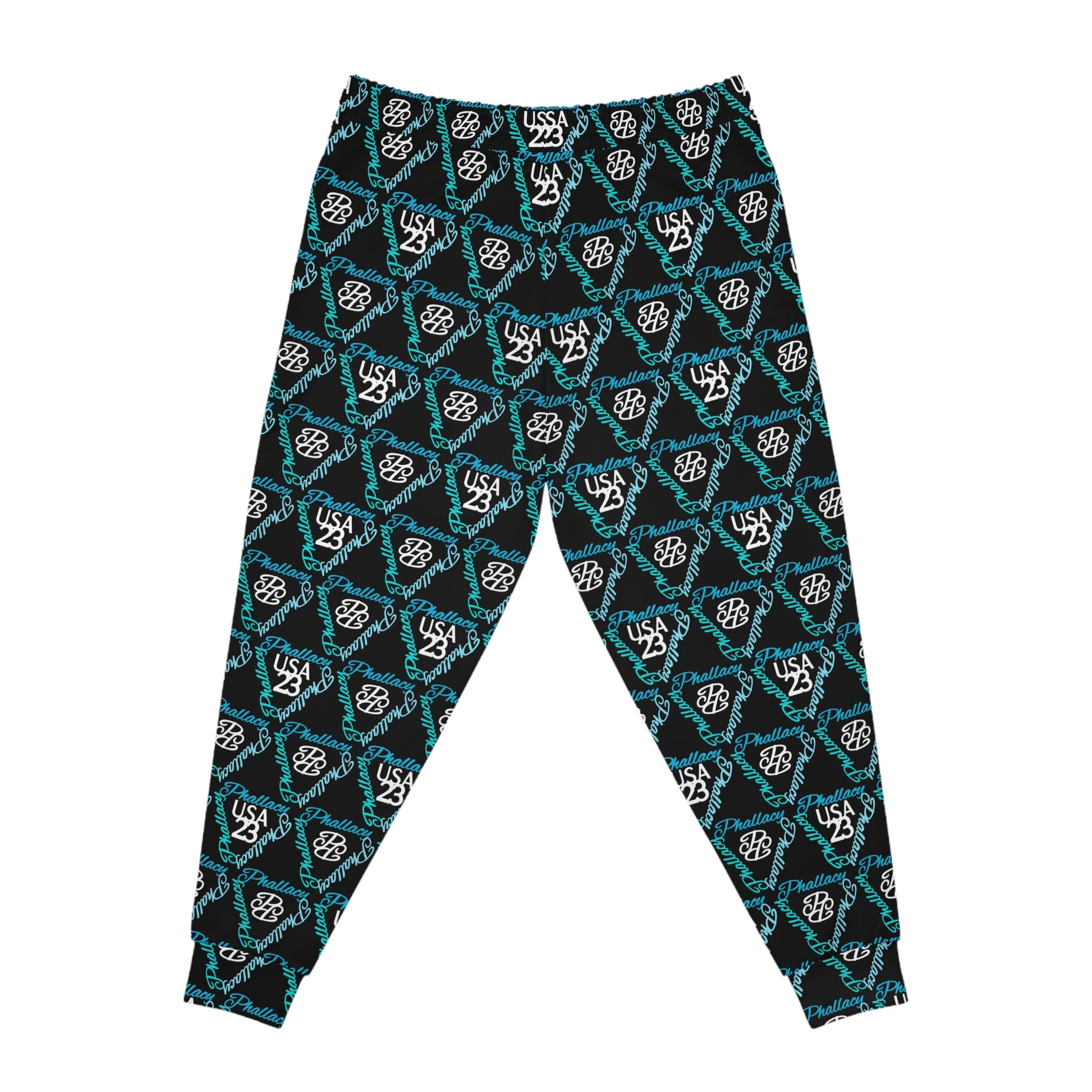 All Over Prints high fashion workout pants featuring a stylish USA logo pattern in black and turquoise