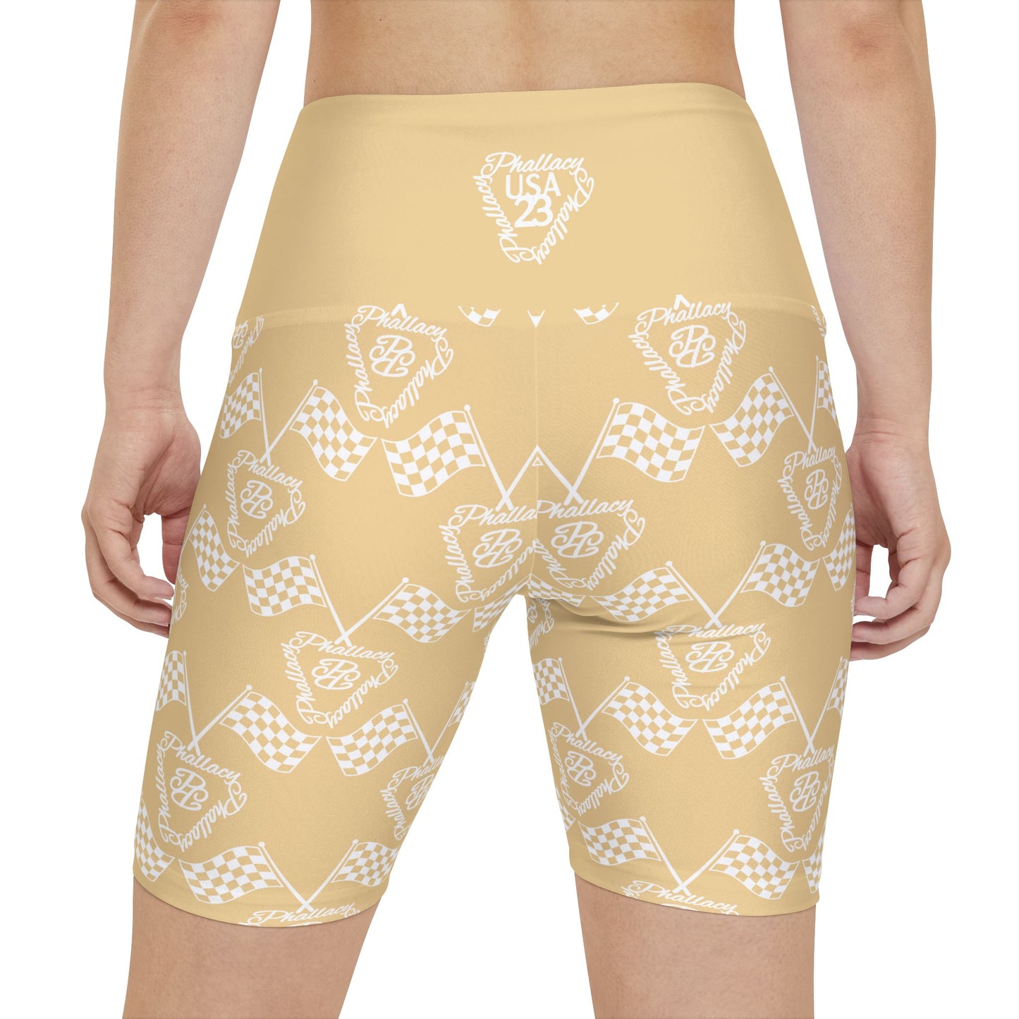 Stylish high-waisted activewear shorts for women featuring a unique all over print design