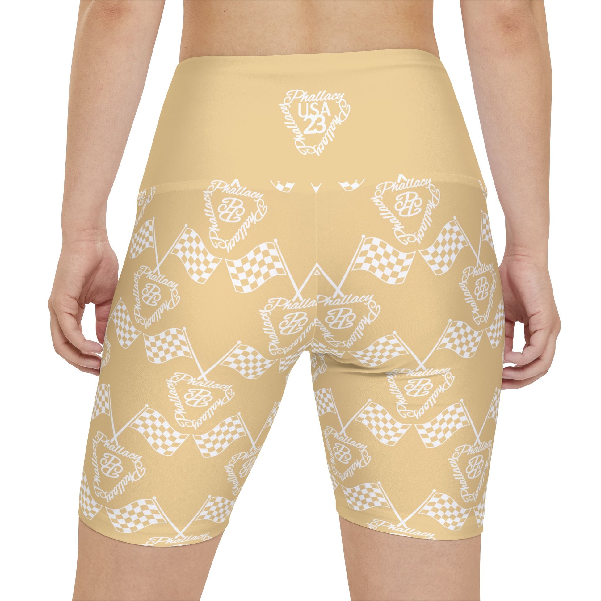 Stylish high-waisted activewear shorts for women featuring a unique all over print design