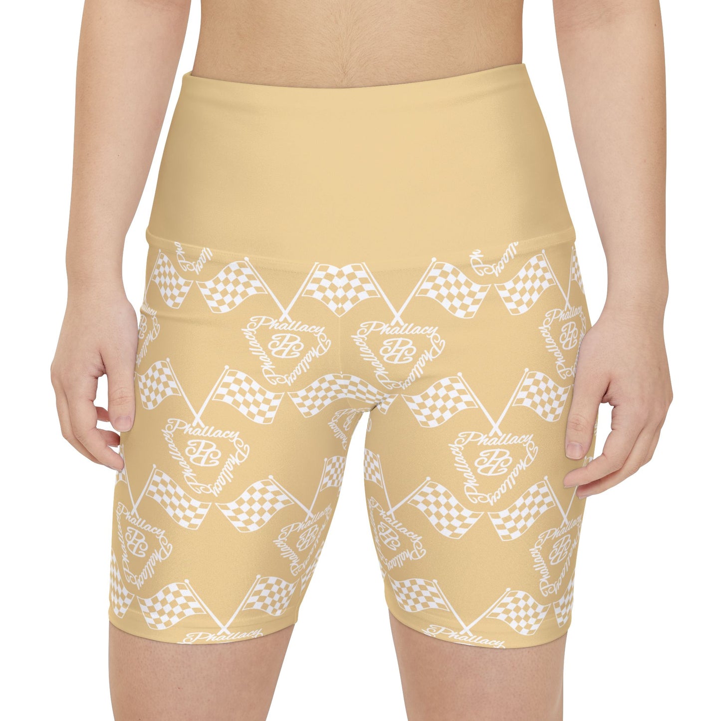 Women's high-waisted activewear shorts featuring an all over print design in yellow and white