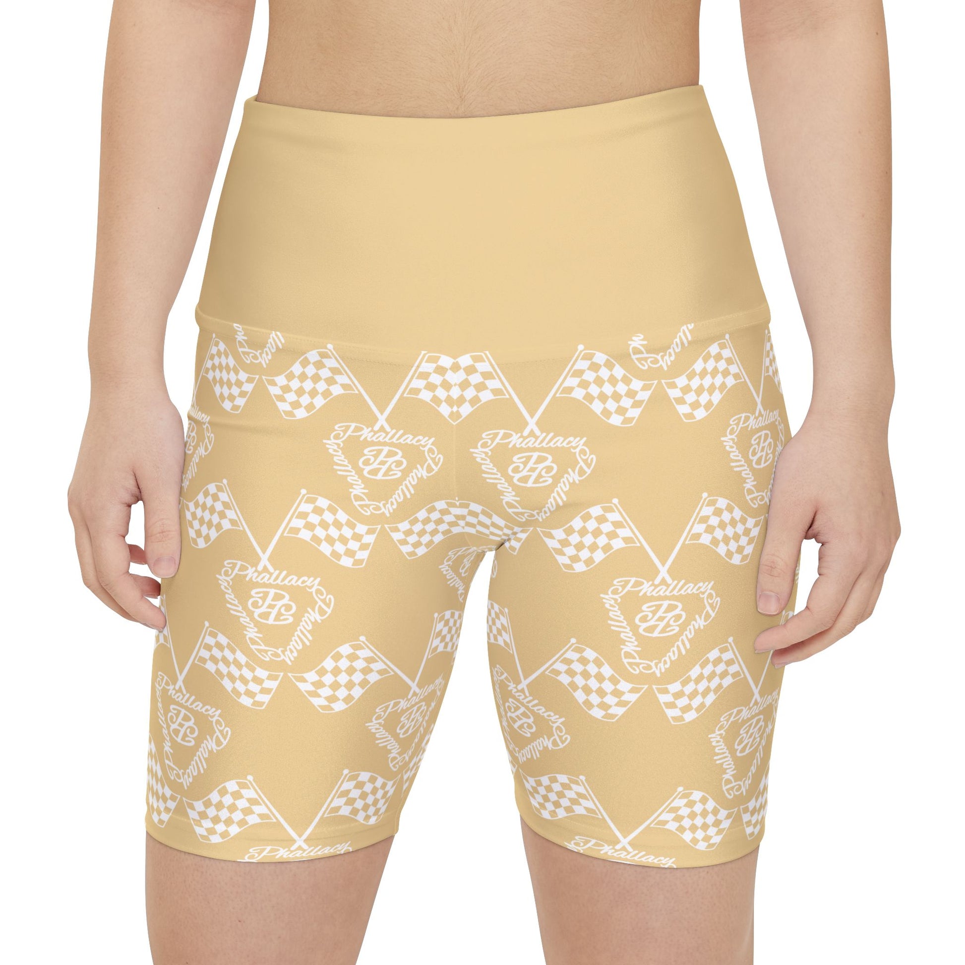 Women's high-waisted activewear shorts featuring an all over print design in yellow and white