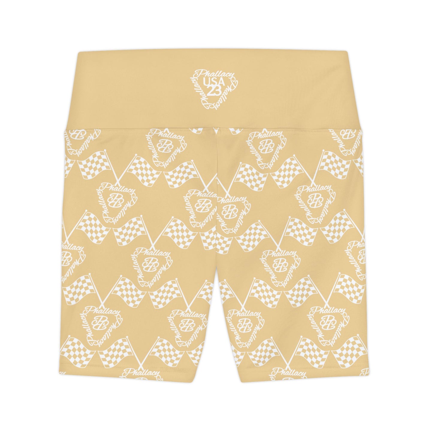 Beige All Over Prints high-waisted activewear shorts for women featuring a checkered design
