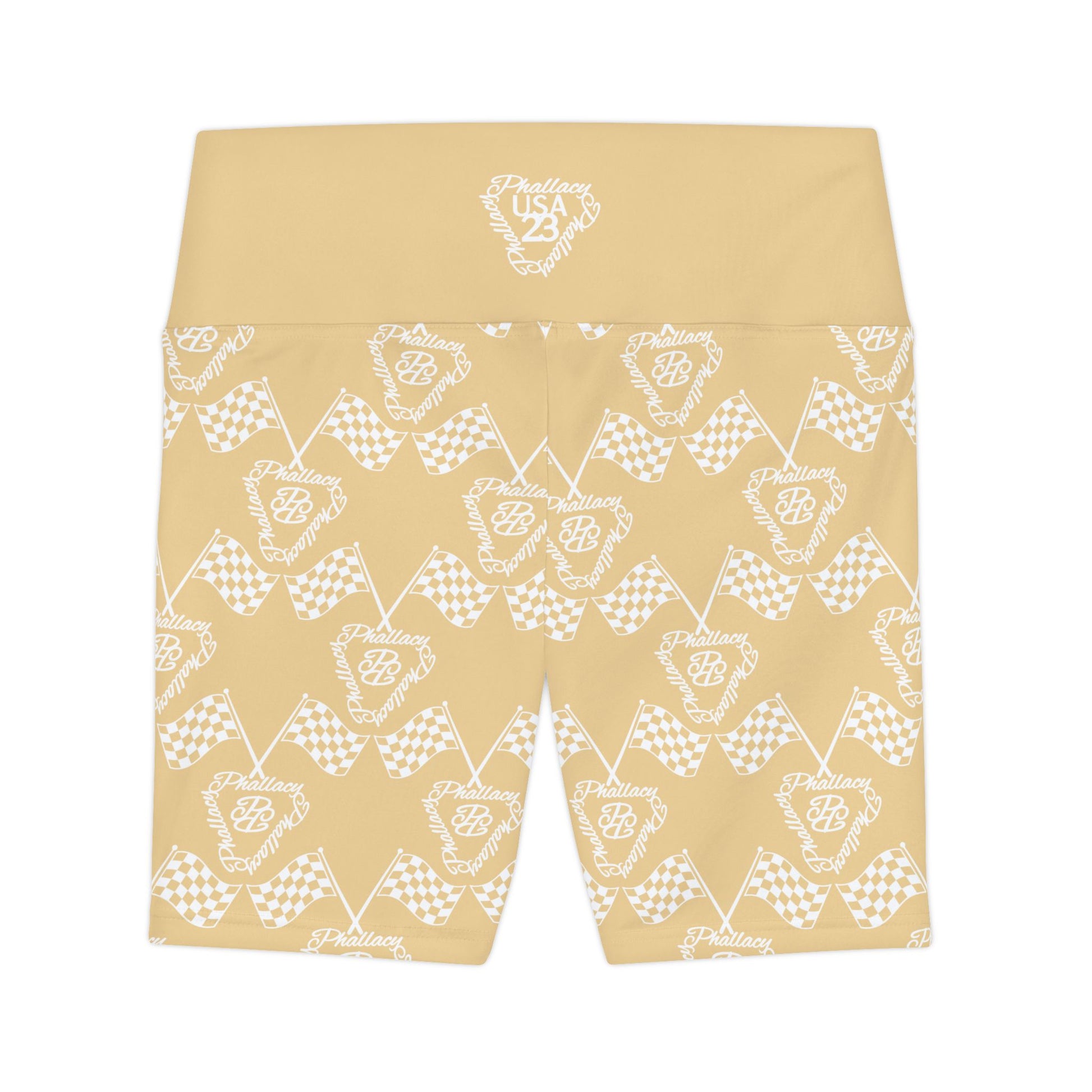 Beige All Over Prints high-waisted activewear shorts for women featuring a checkered design
