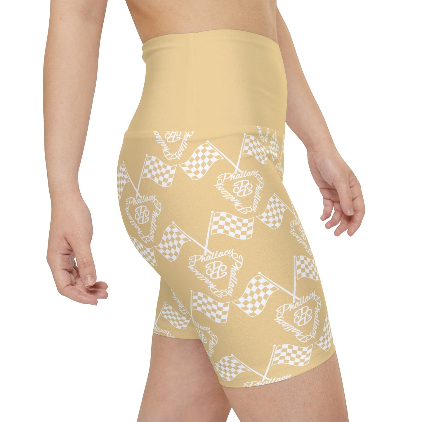 High-waisted activewear shorts for women in beige with a stylish all-over print pattern
