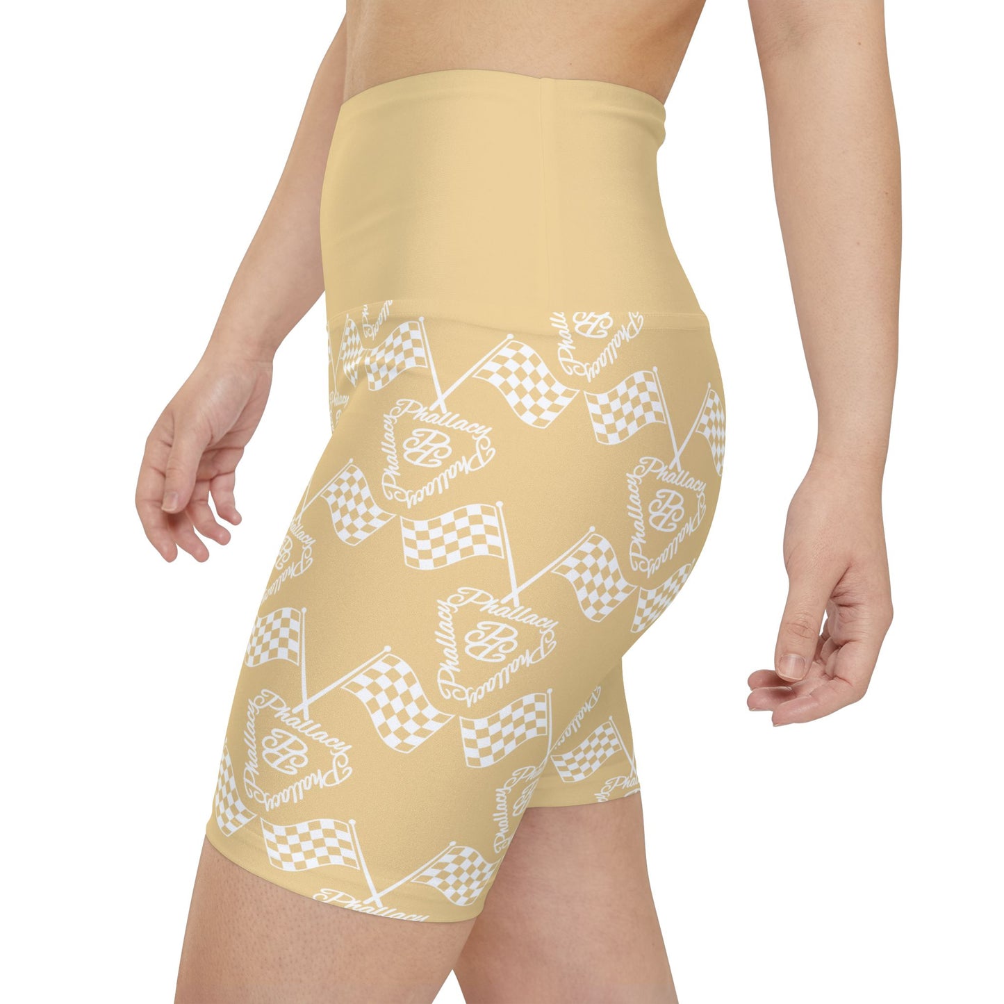 High-waisted activewear shorts for women featuring a stylish all-over print design in beige