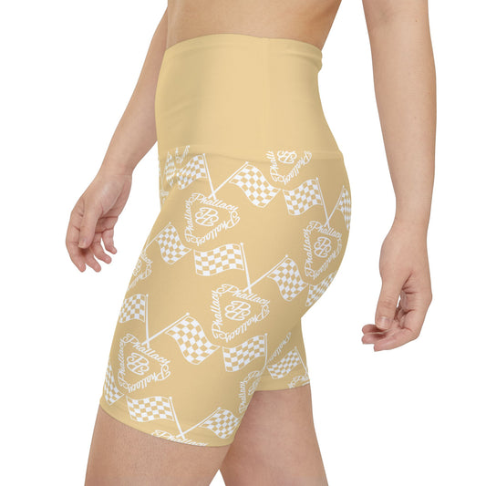 High-waisted activewear shorts for women featuring a stylish all-over print design in beige