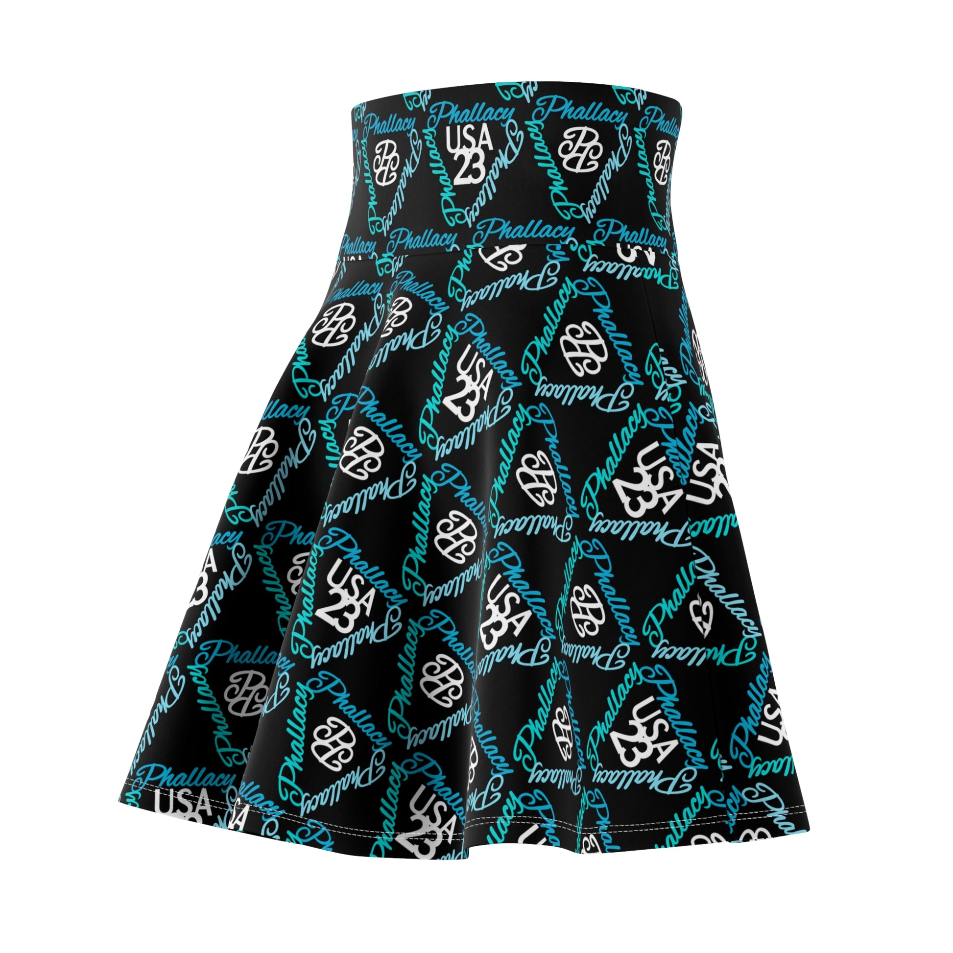 All Over Print Black Skirt with Logo Design, ideal luxury high waisted skirts for women.