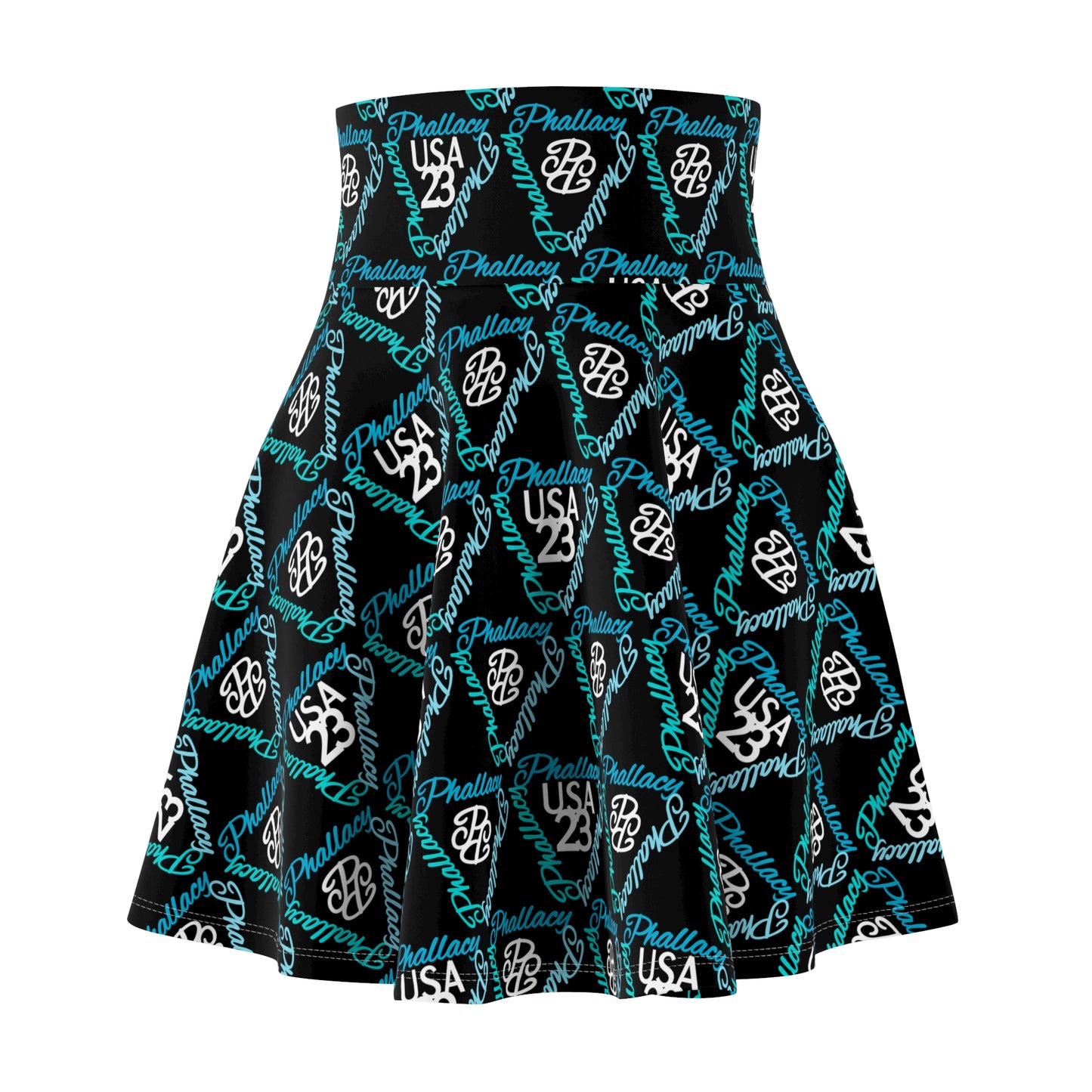 Stylish all over print luxury high waisted skirts for women in black with vibrant teal designs