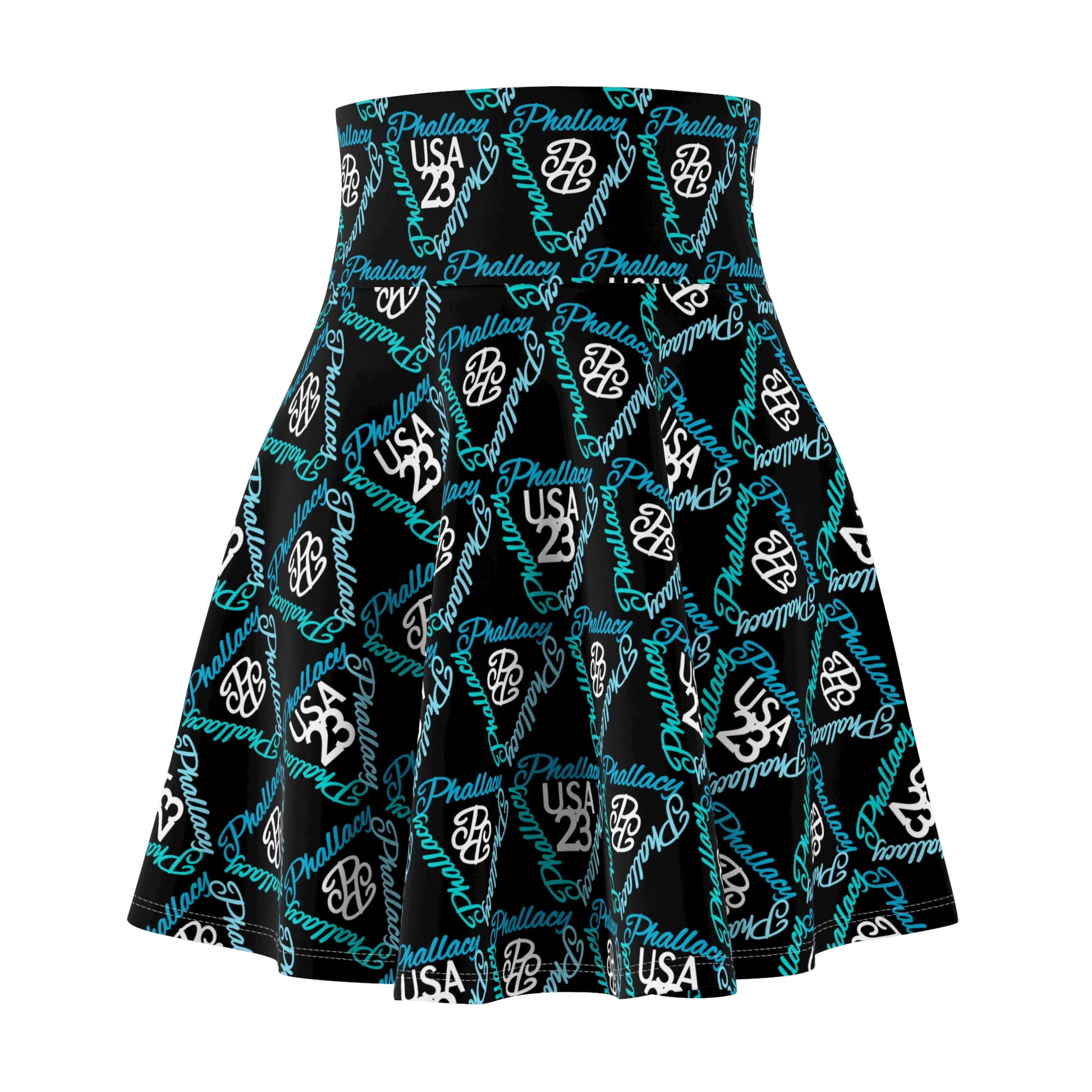 Stylish all over print luxury high waisted skirts for women in black with vibrant teal designs