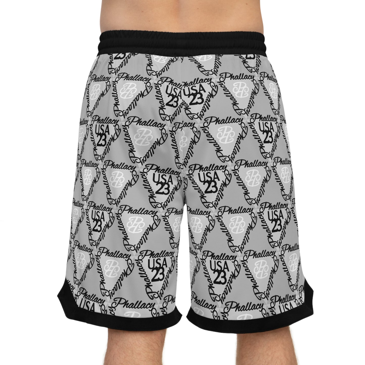 Luxury men's sportswear shorts featuring an all over print design in gray and black