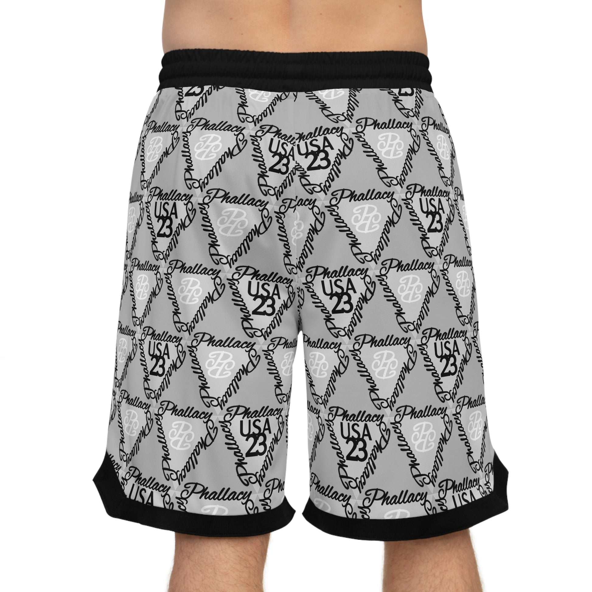 Luxury men's sportswear shorts featuring an all over print design in gray and black