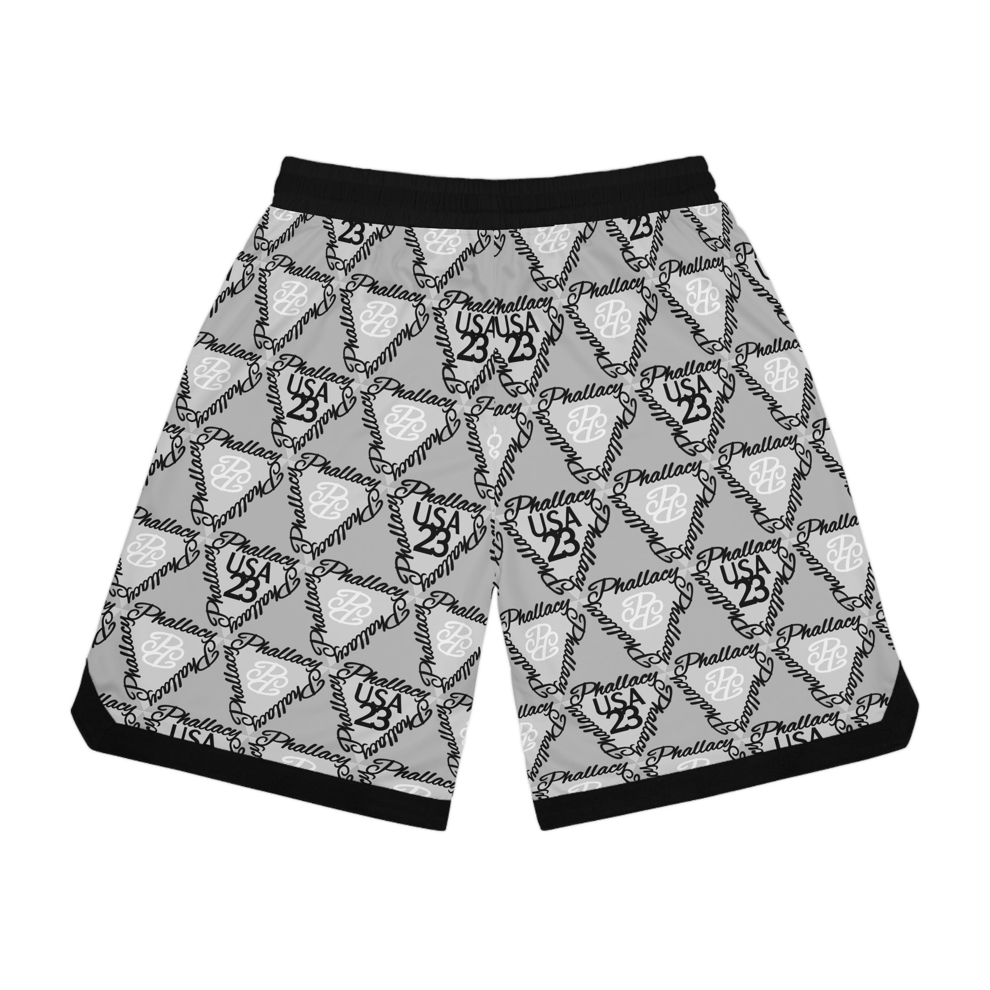 Luxury men's sportswear shorts with an all-over print design featuring logos and graphic elements