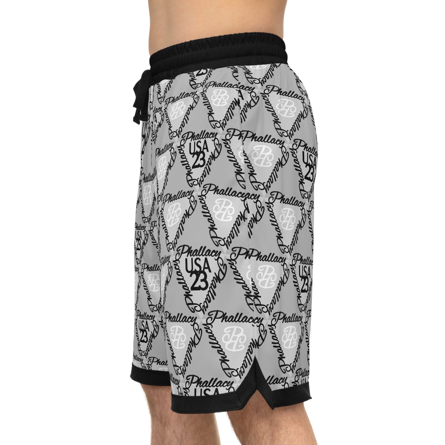 Men's all over print shorts featuring stylish graphics in gray, perfect for luxury men's sportswear shorts