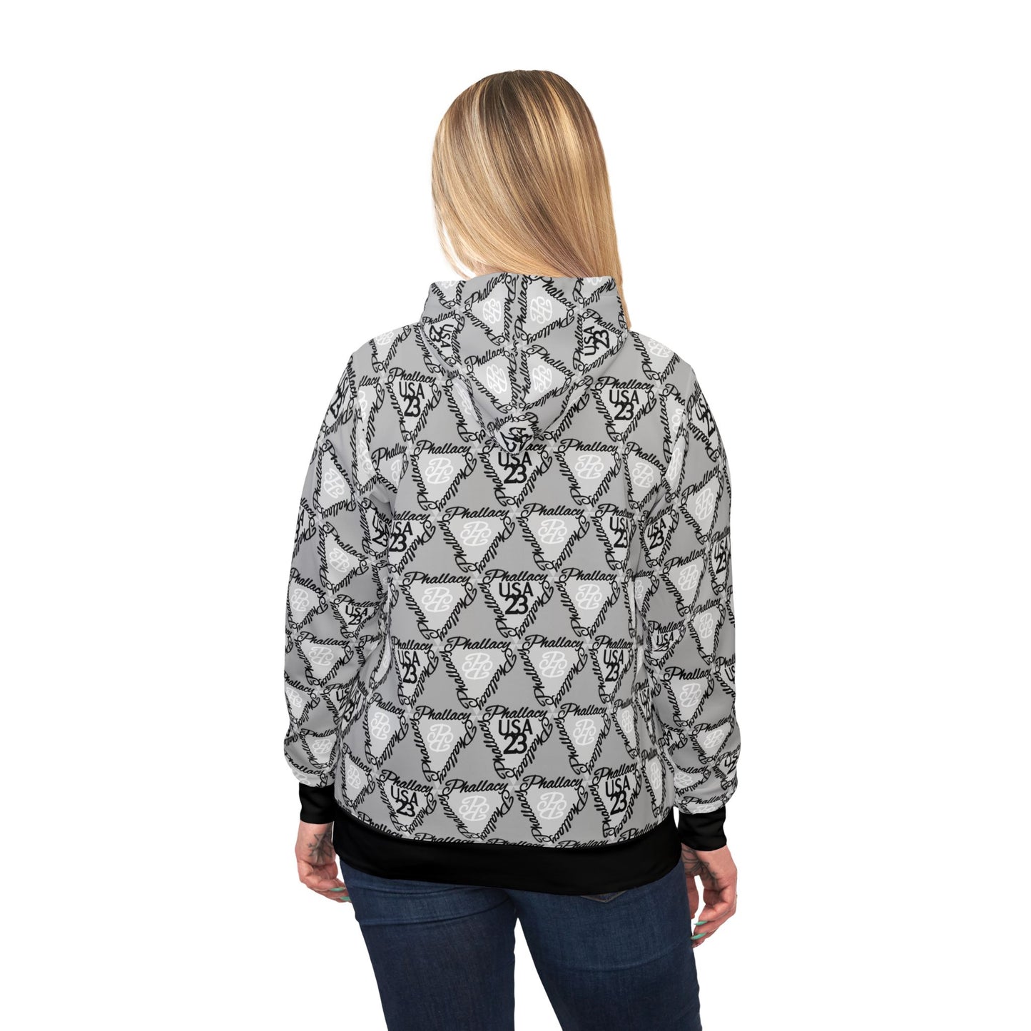 Back view of a luxury streetwear hoodie featuring a stylish all over print design
