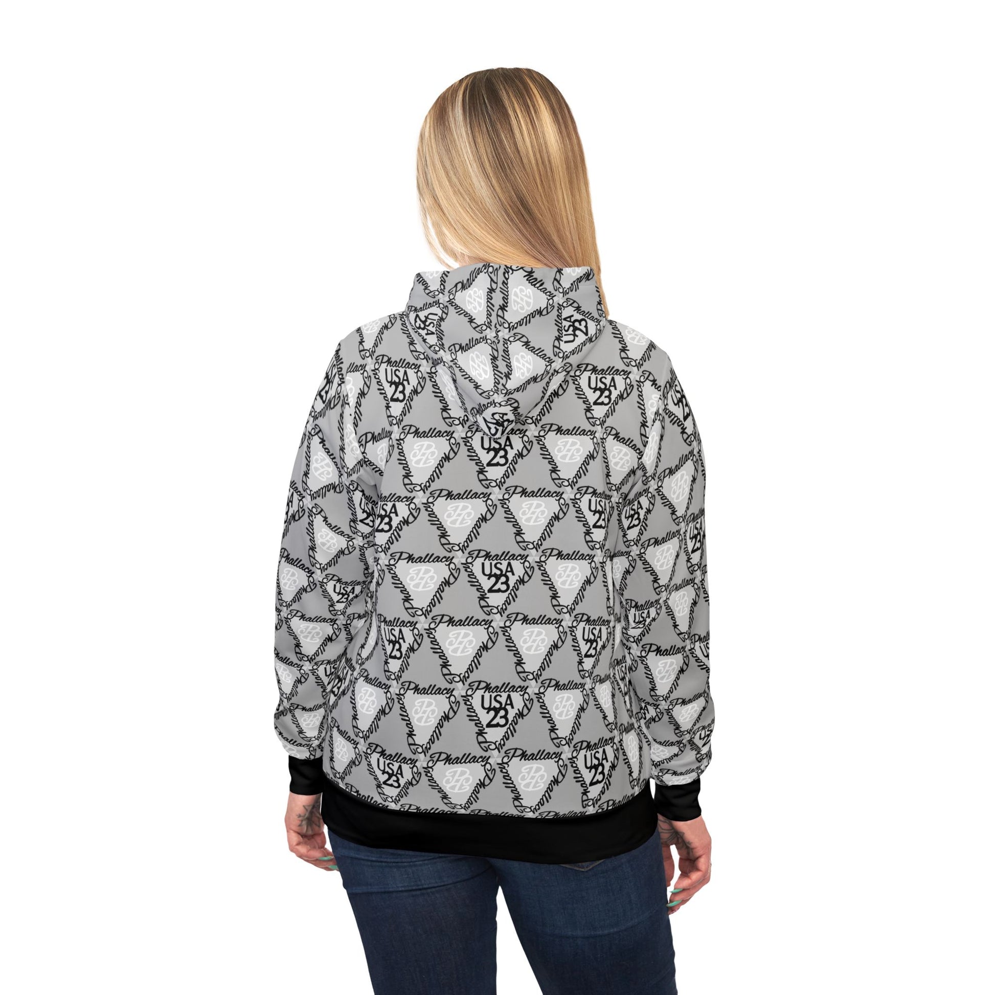 Back view of a luxury streetwear hoodie featuring a stylish all over print design