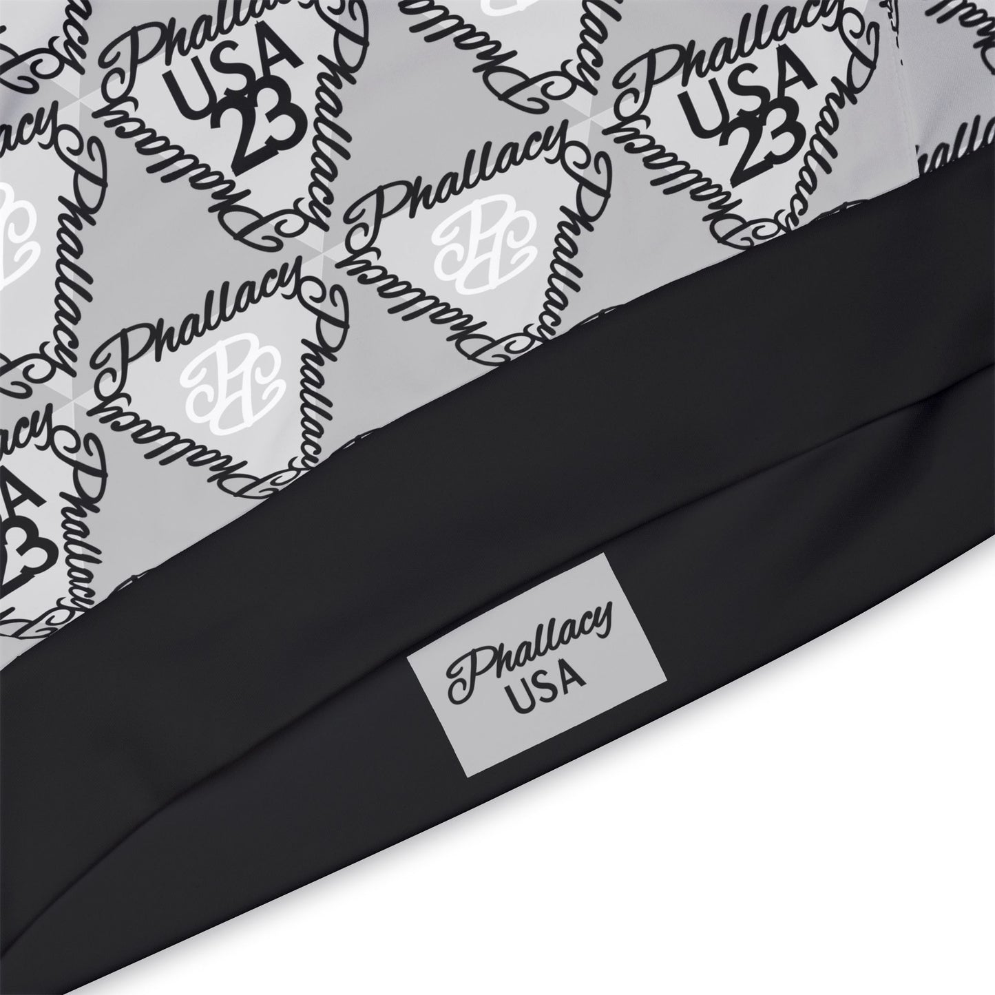 Luxury streetwear hoodie with all over prints featuring Phallacy USA logo design in black and white