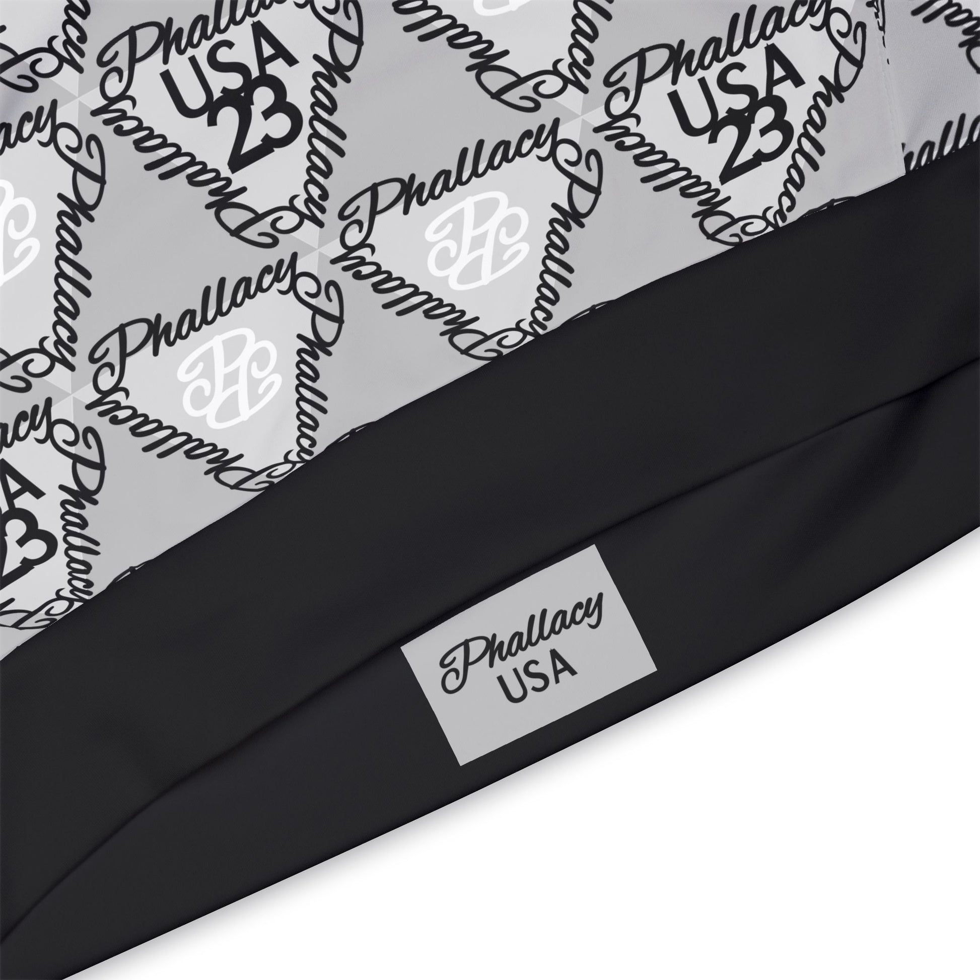 Luxury streetwear hoodie with all over prints featuring Phallacy USA logo design in black and white