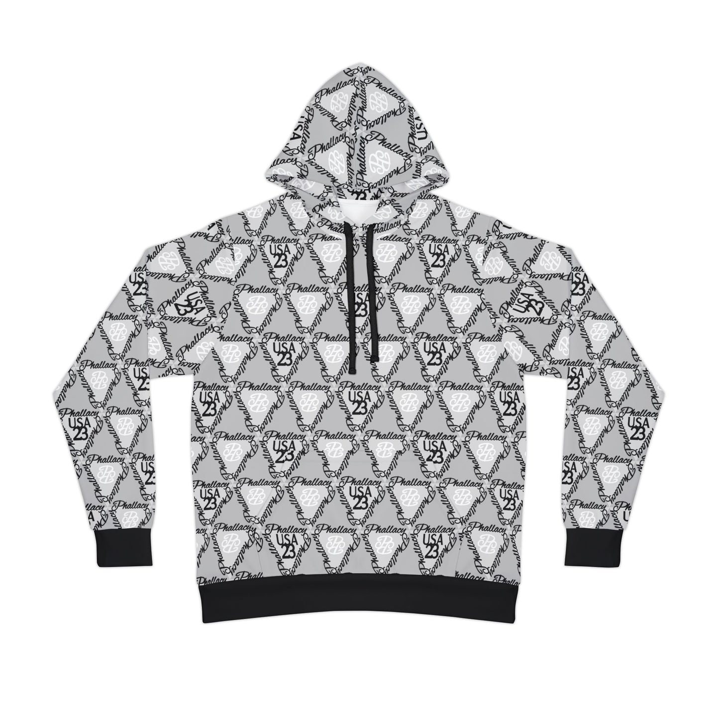 White luxury streetwear hoodie with all-over print design featuring geometric patterns