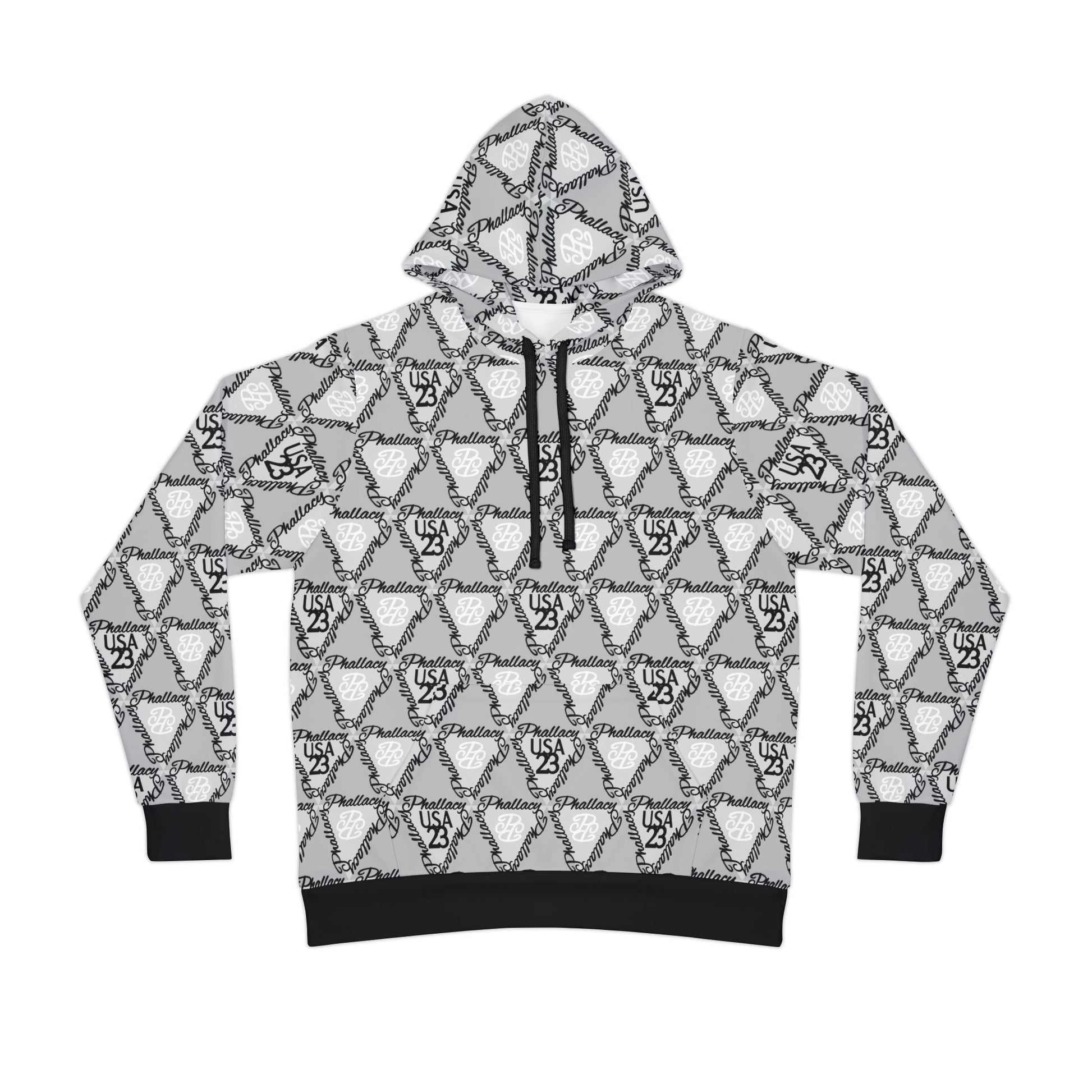 White luxury streetwear hoodie with all-over print design featuring geometric patterns