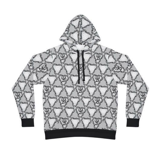 White luxury streetwear hoodie with all-over print design featuring geometric patterns