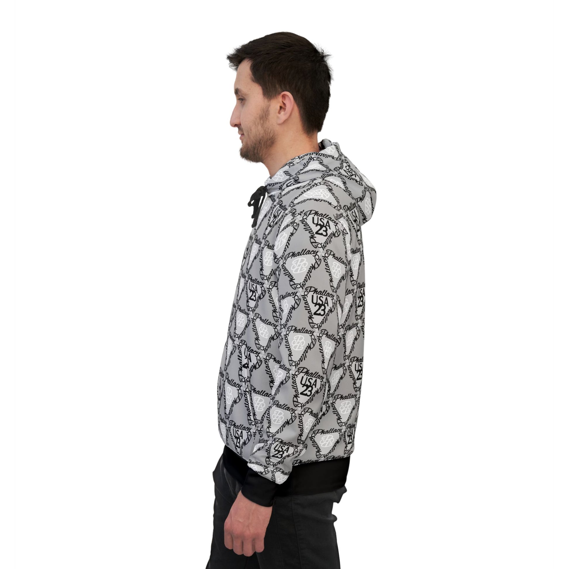 Side view of a luxury streetwear hoodie featuring a unique all-over print design for modern fashion lovers