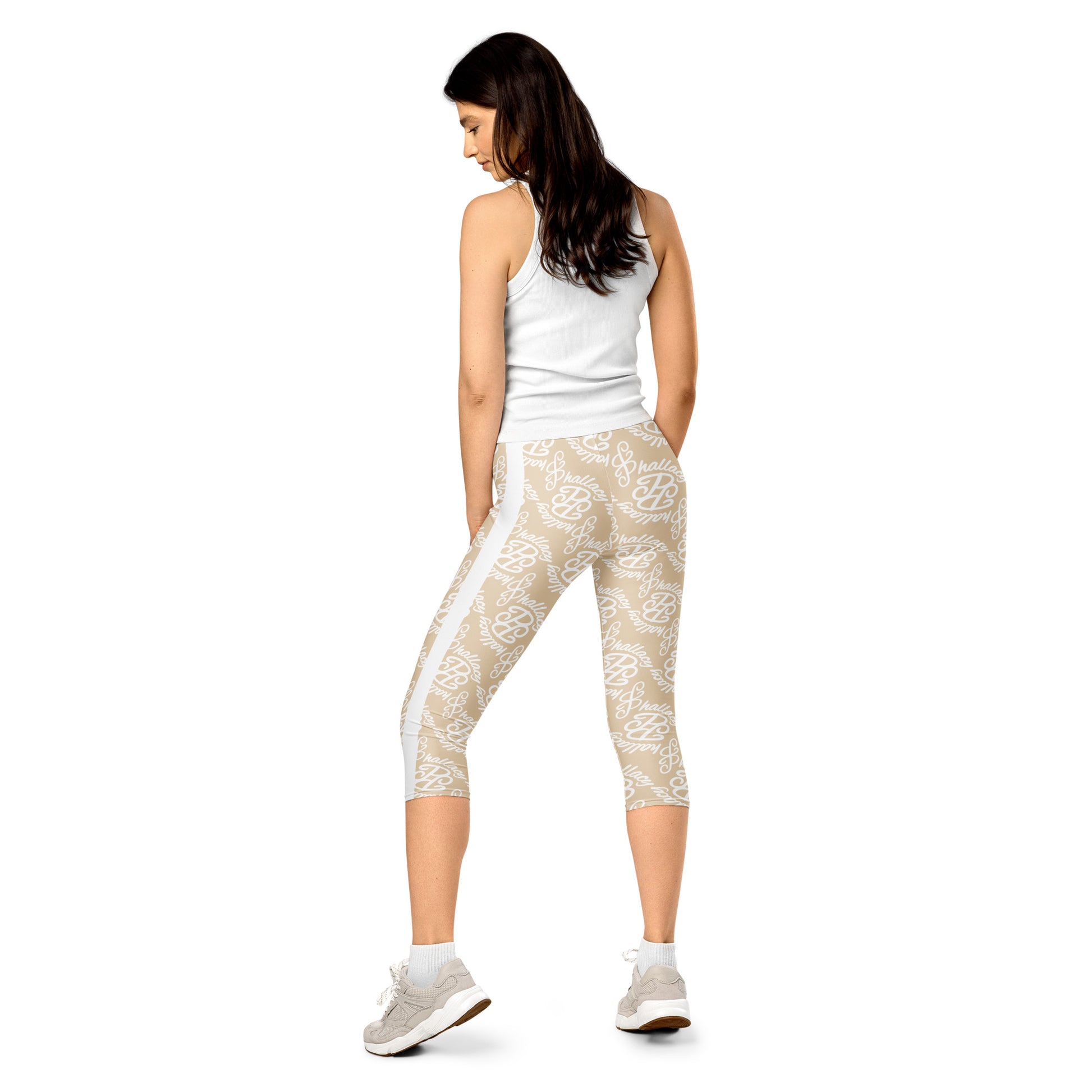 Stylish designer monogram capri leggings in beige with a chic print for casual wear