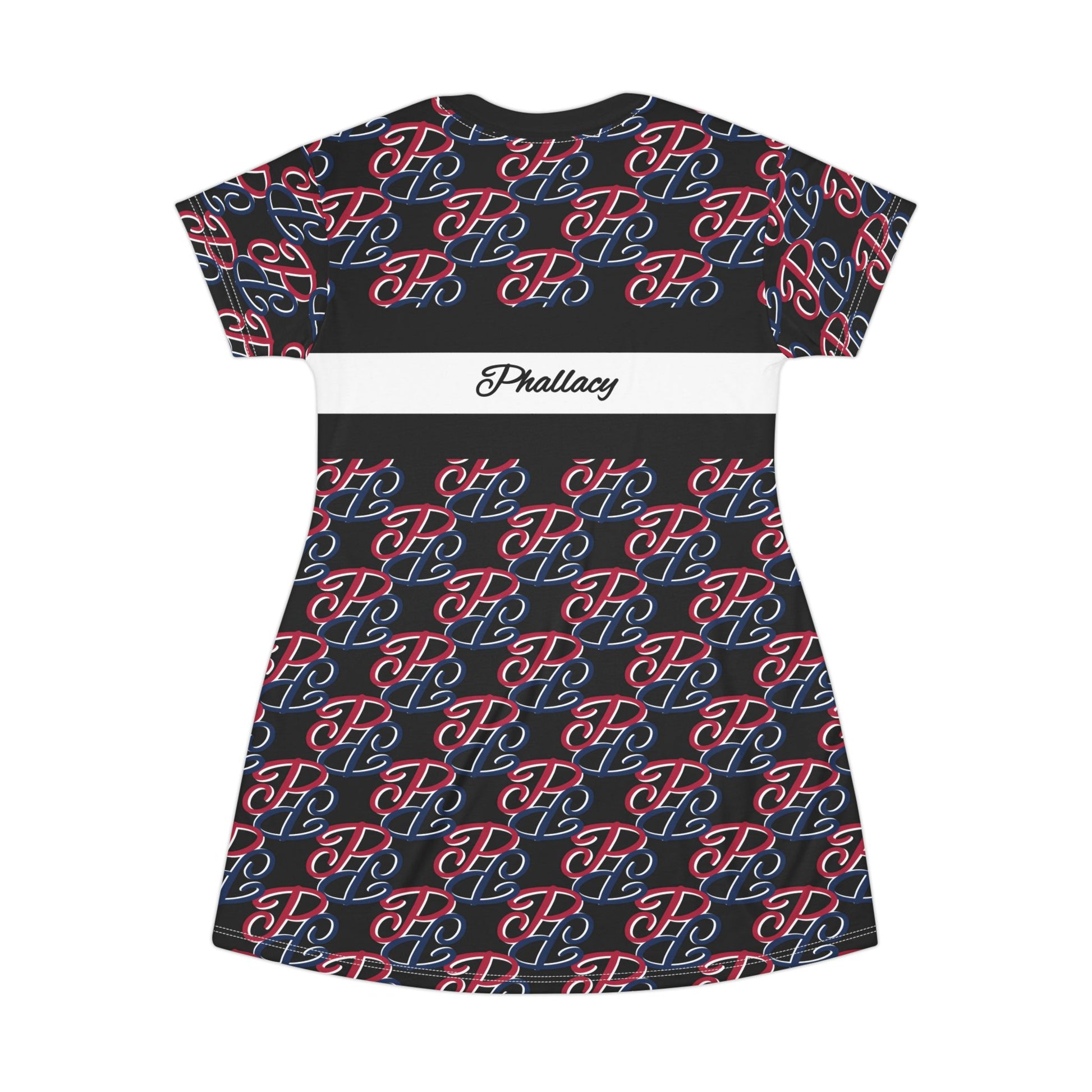 Phallacy all over prints black designer t-shirt dress for women with red and blue logo pattern