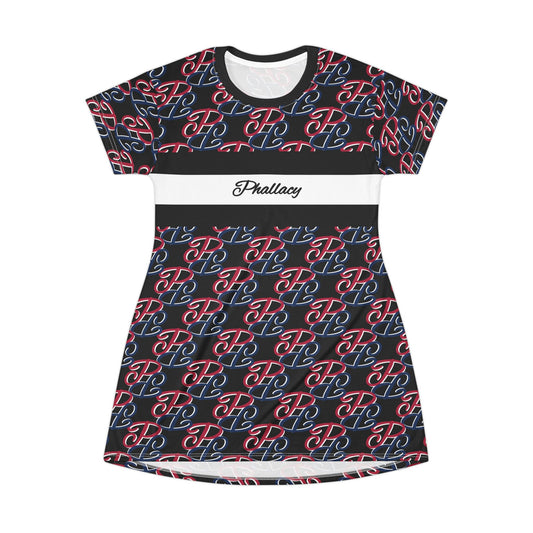 Phallacy designer t-shirt dress for women with black, red, and blue all over print pattern