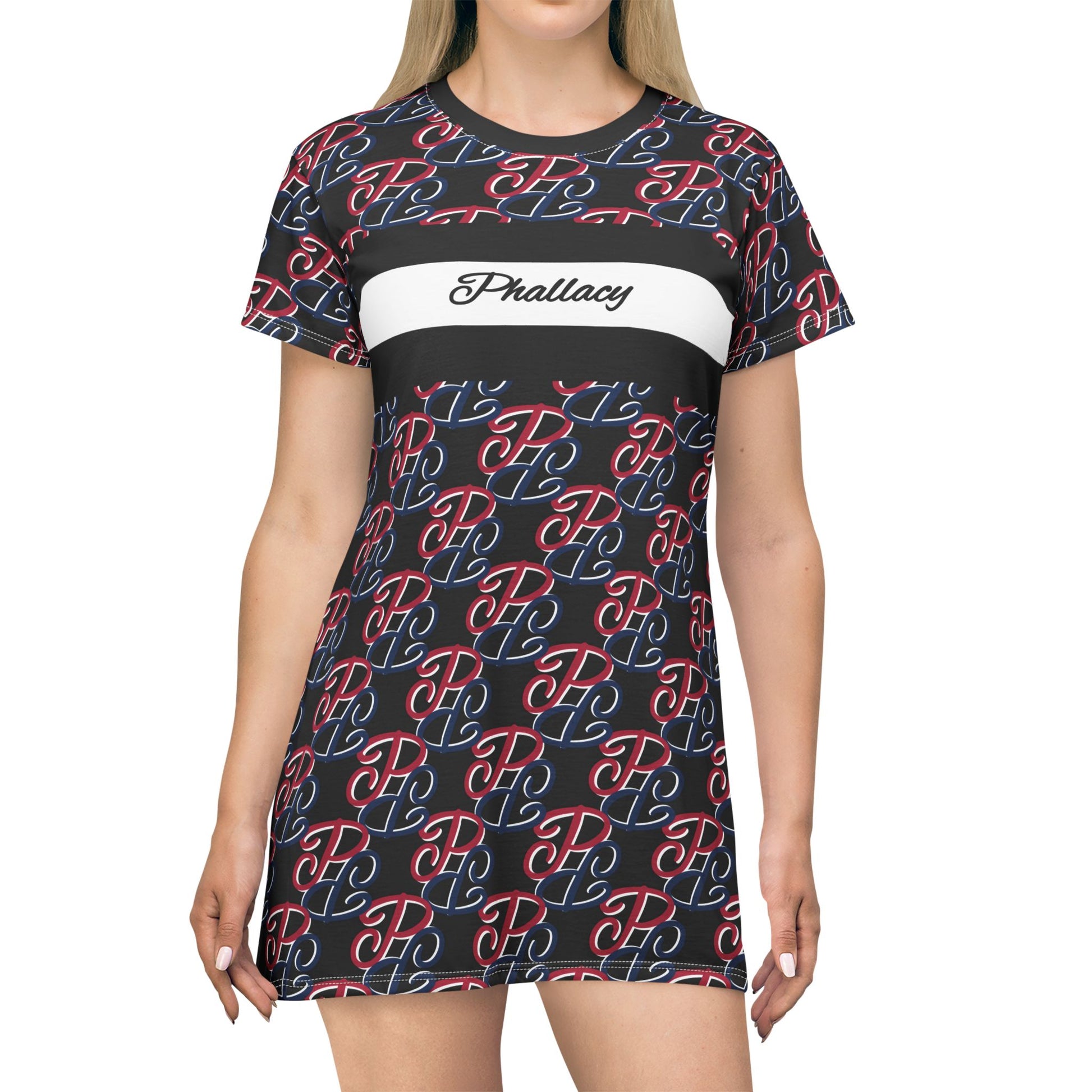 Phallacy designer t-shirt dress for women with black background and red blue letter pattern