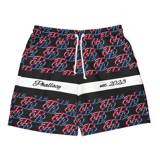 Phallacy designer unisex swim shorts with black white and red monogram pattern and drawstring waist