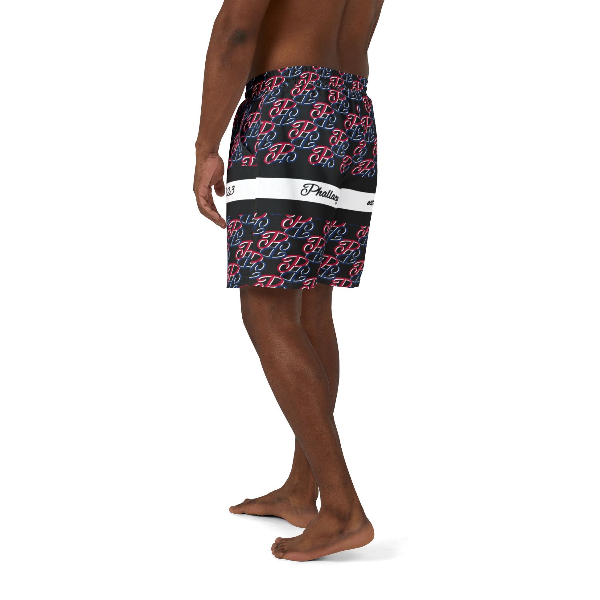 Designer unisex swim shorts with all over print pattern in black, red, and white by Phallacy