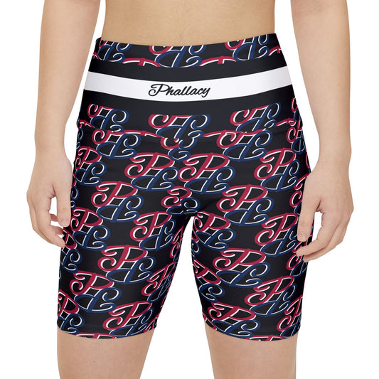 Phallacy designer women's workout shorts with all over print logo pattern and elastic waistband