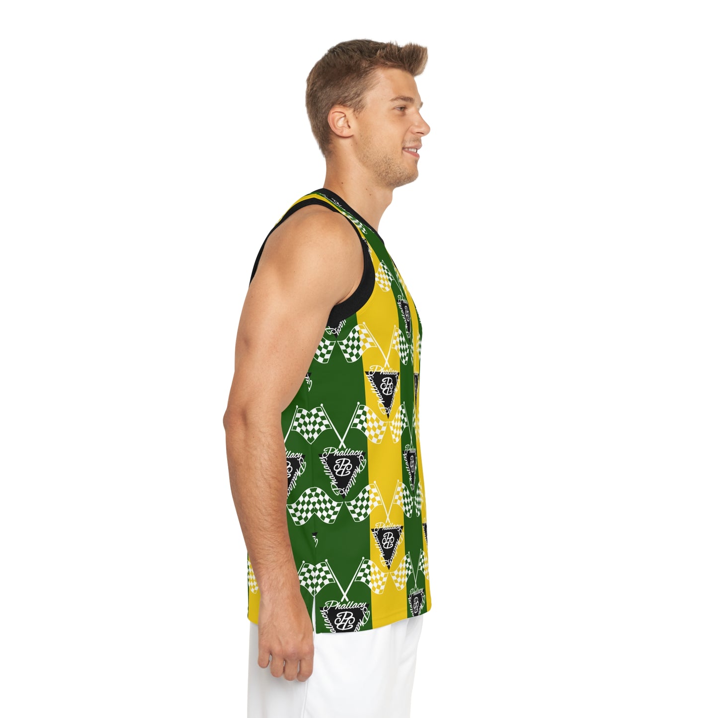 Side view of a premium high-fashion athletic jersey featuring a unique all over print design