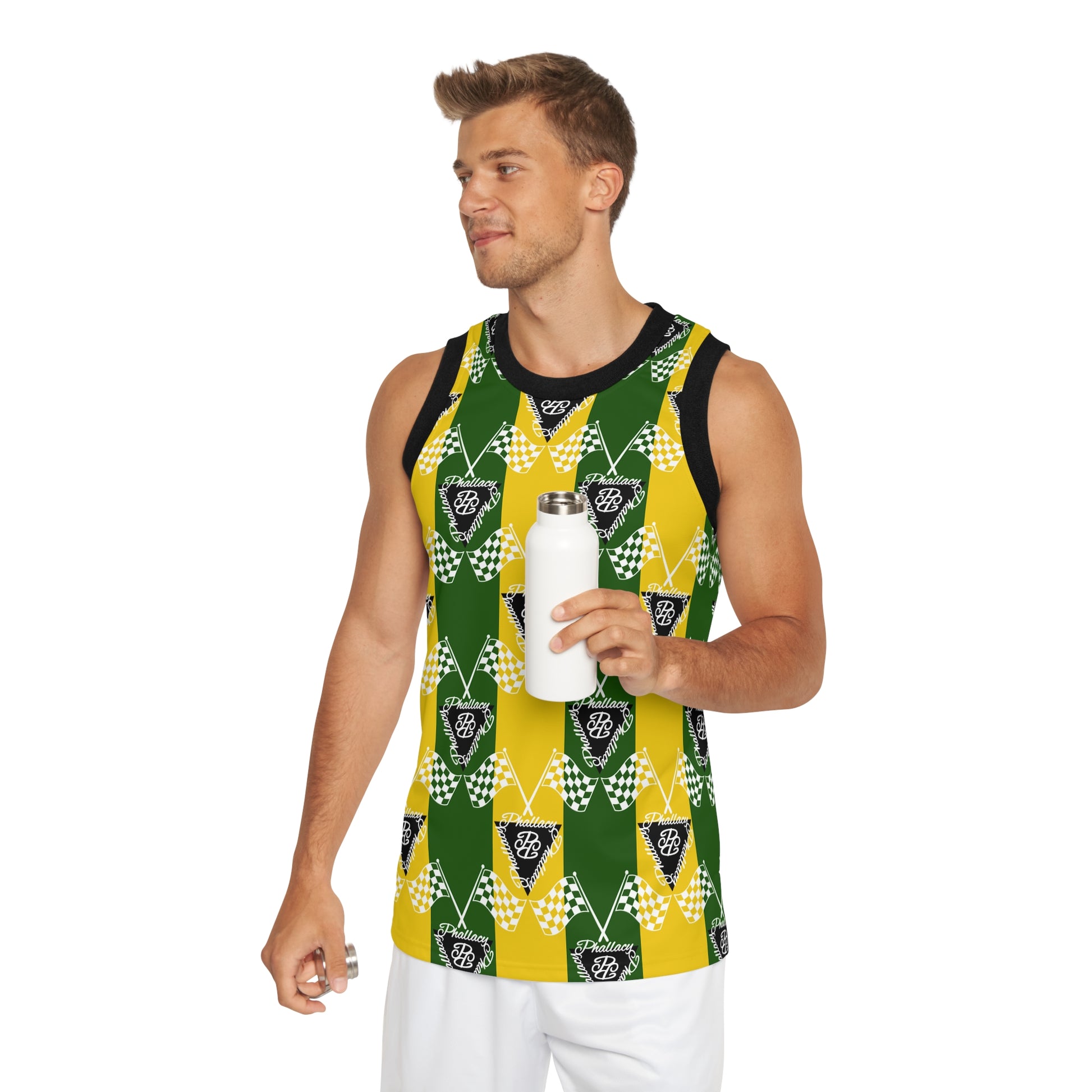 Man wearing a Printify premium high-fashion athletic jersey with a colorful geometric print