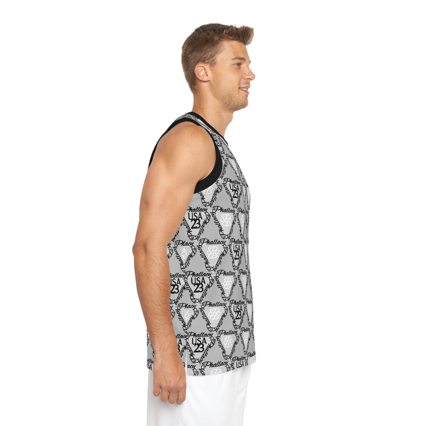 Side view of premium men's streetwear jersey featuring an all-over print design