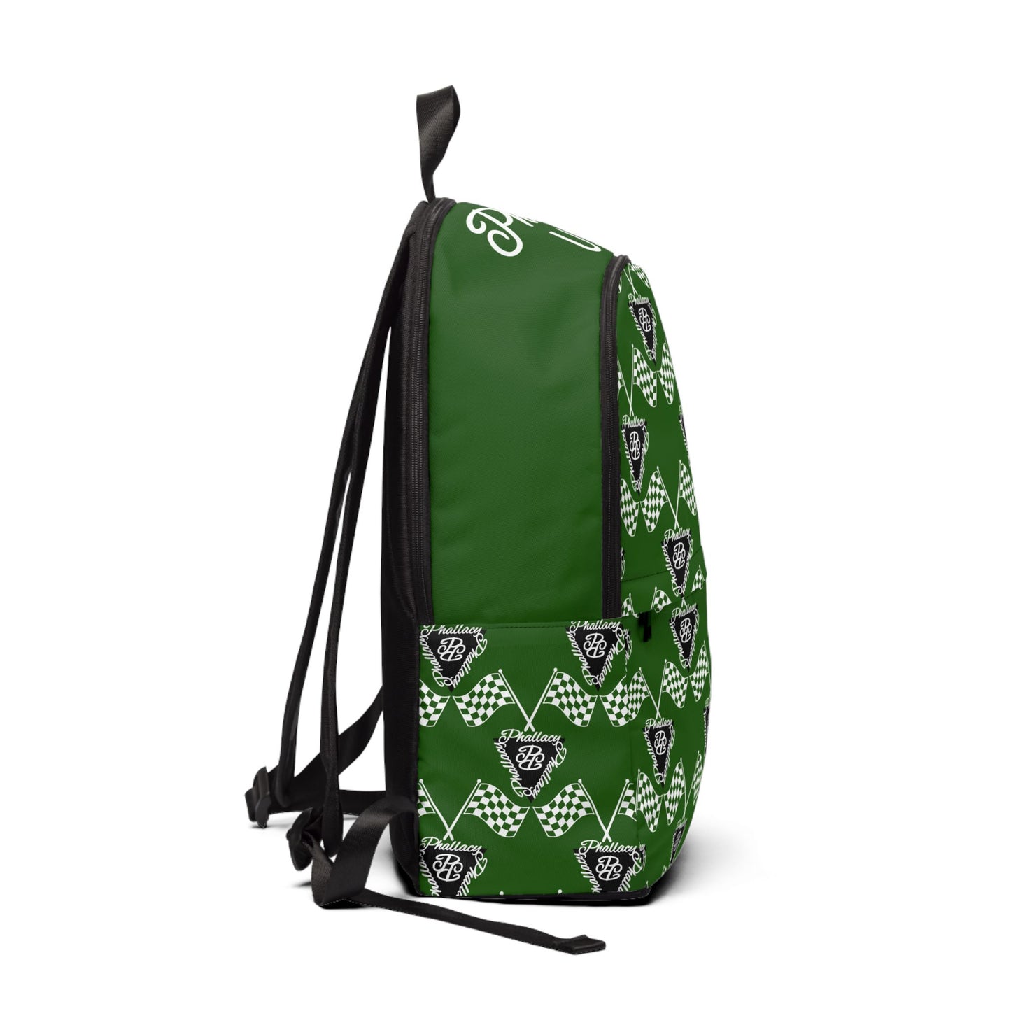 Side view of a green premium statement backpack featuring a unique checkered pattern