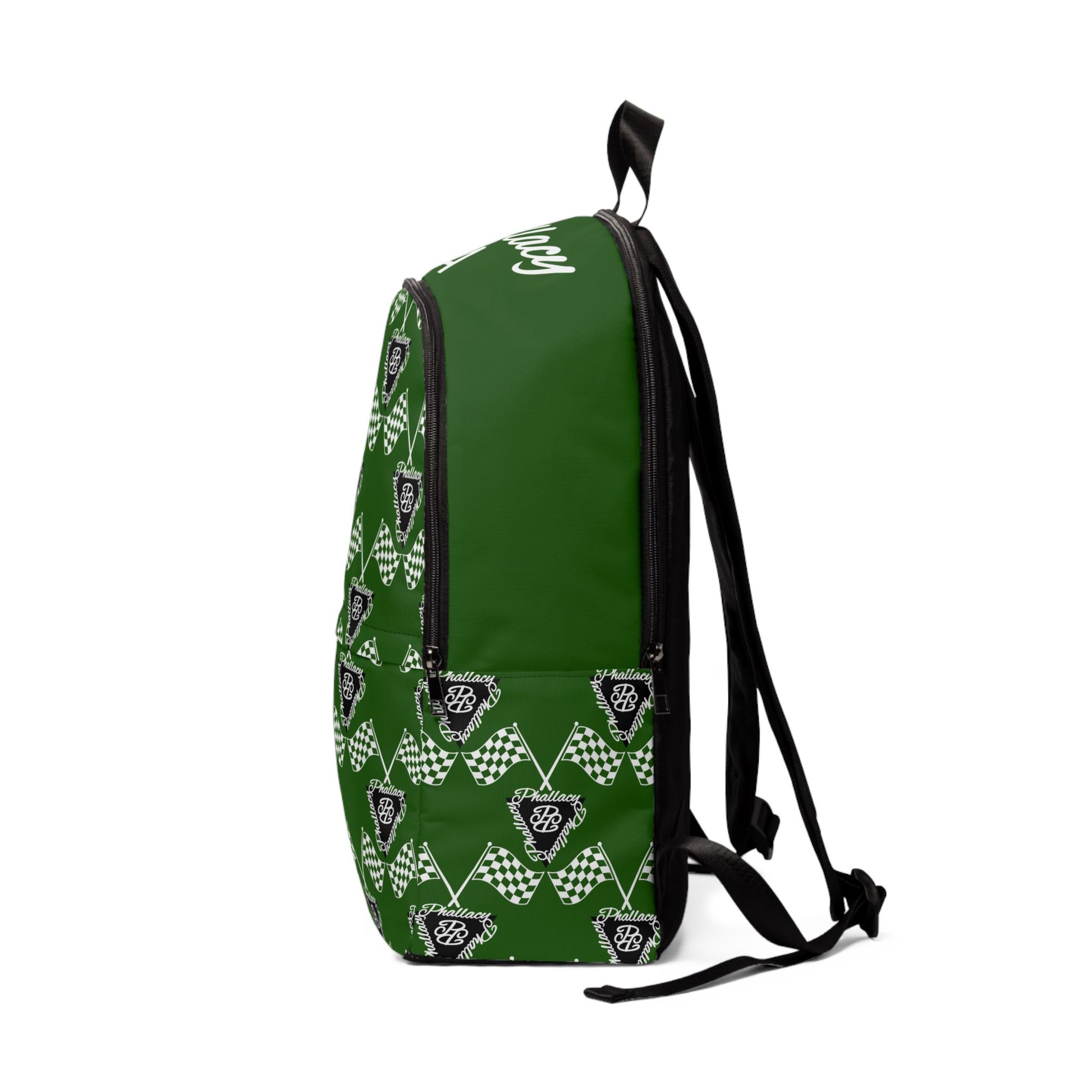 Green Printify premium statement backpacks with a stylish checkerboard pattern and logo detail