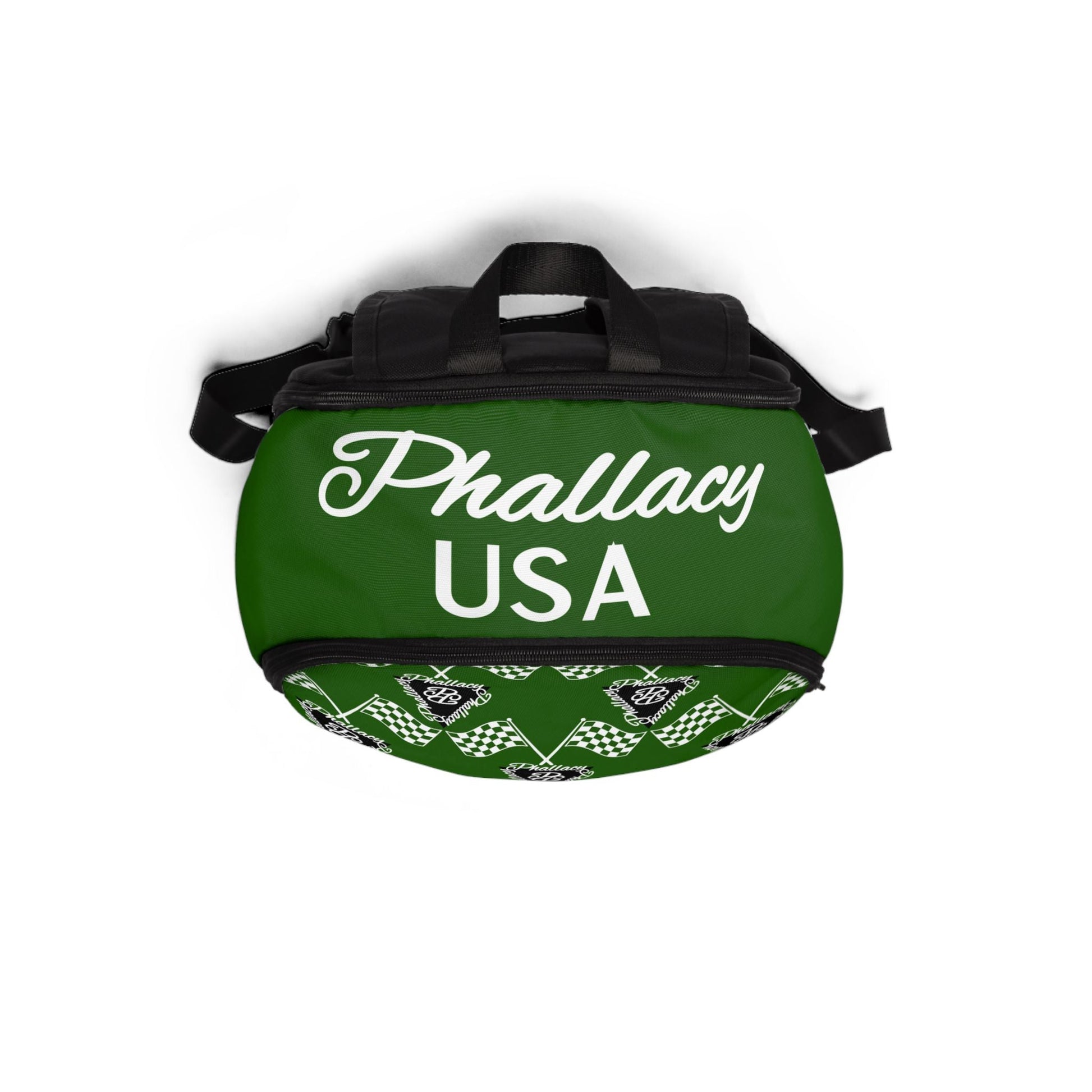 Green Premium Statement Backpacks featuring Phallacy USA design with checkered flags